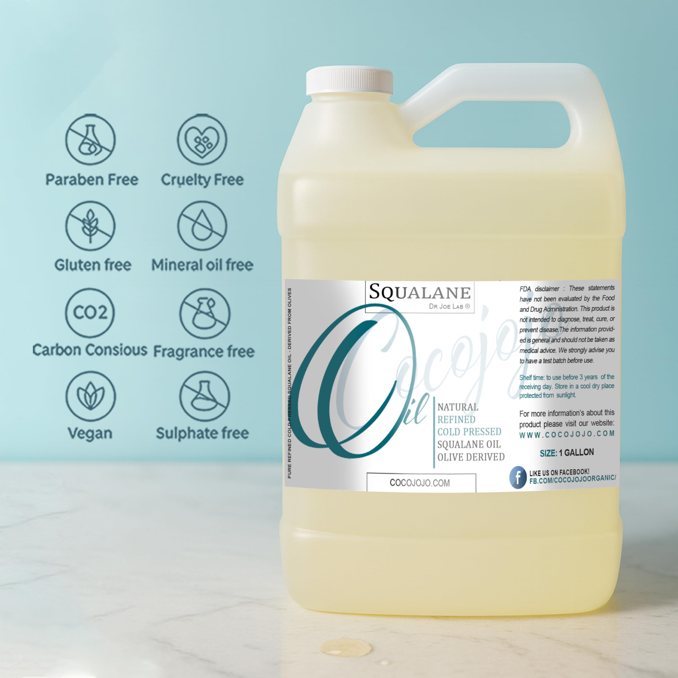Dr Joe Lab Squalane Oil – Pure Olive-Derived Vegan Carrier Oil for Face, Skin, Hair & Body (1 Gal)
