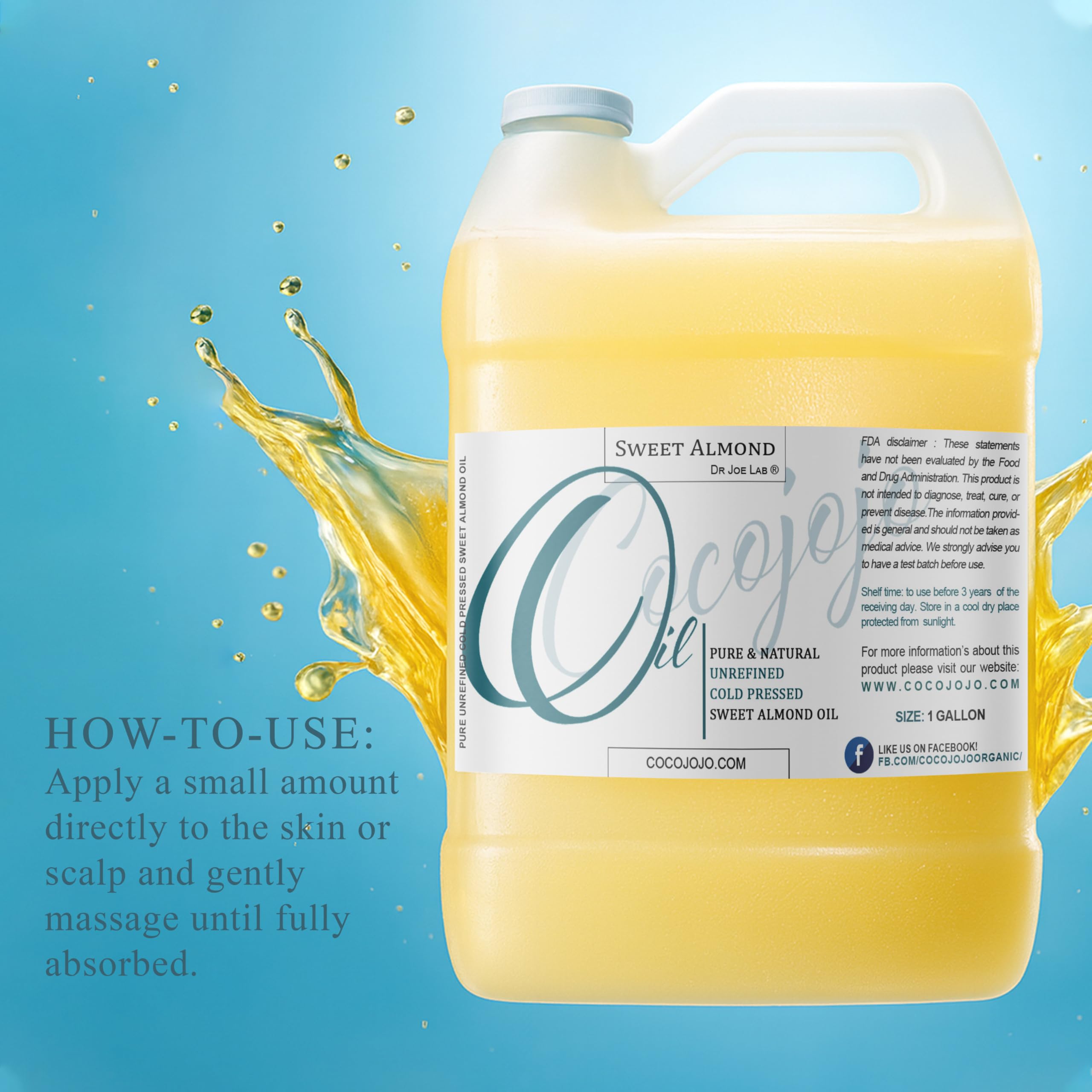 Dr Joe Lab Sweet Almond Oil – 1 Gallon, 100% Pure Cold-Pressed Unrefined (128 fl oz)