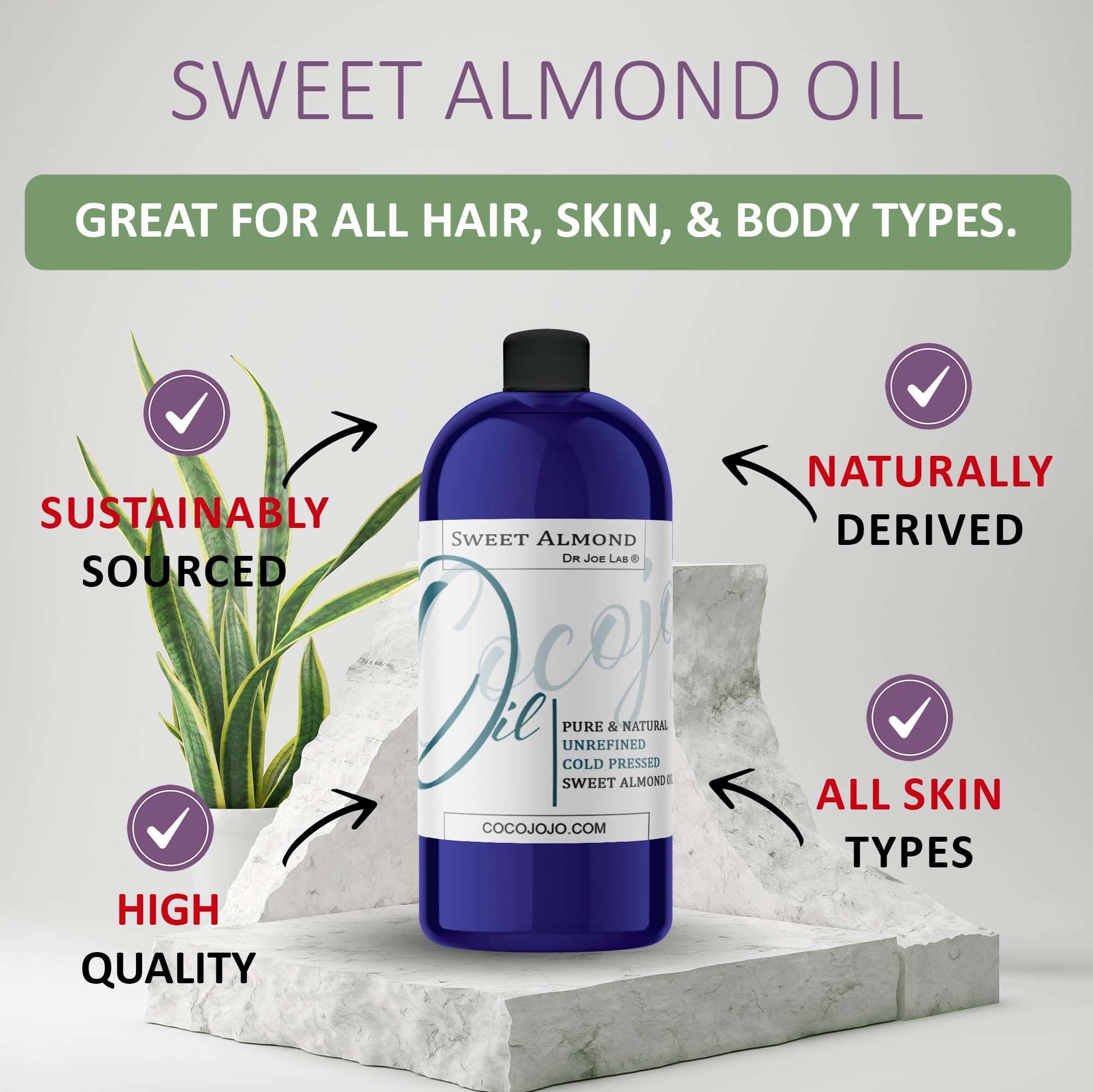 Dr Joe Lab Sweet Almond Oil – 32 Fl Oz, Cold-Pressed & Unrefined, for Hair, Skin & Nails