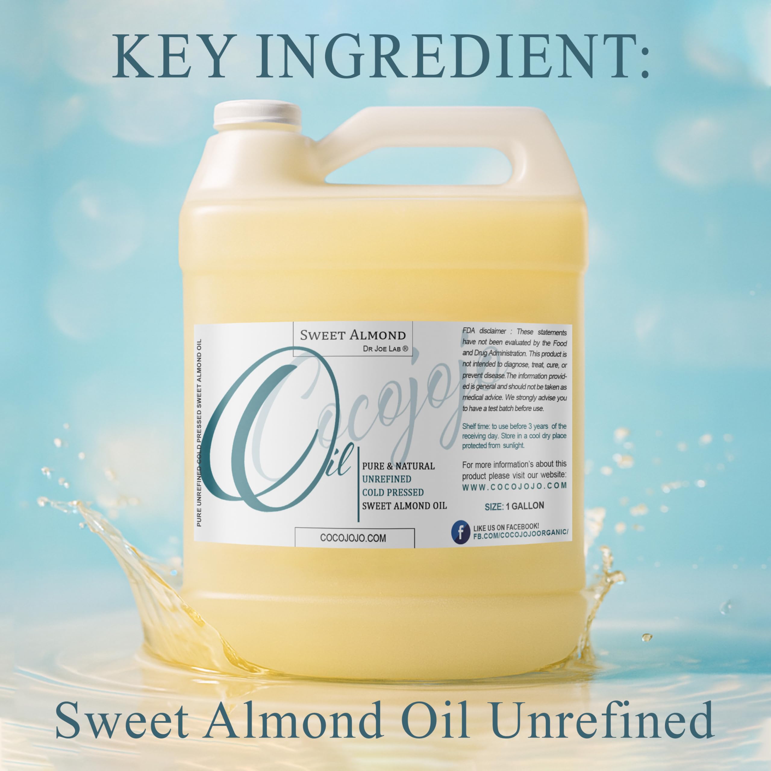 Dr Joe Lab Sweet Almond Oil – 1 Gallon, 100% Pure Cold-Pressed Unrefined (128 fl oz)
