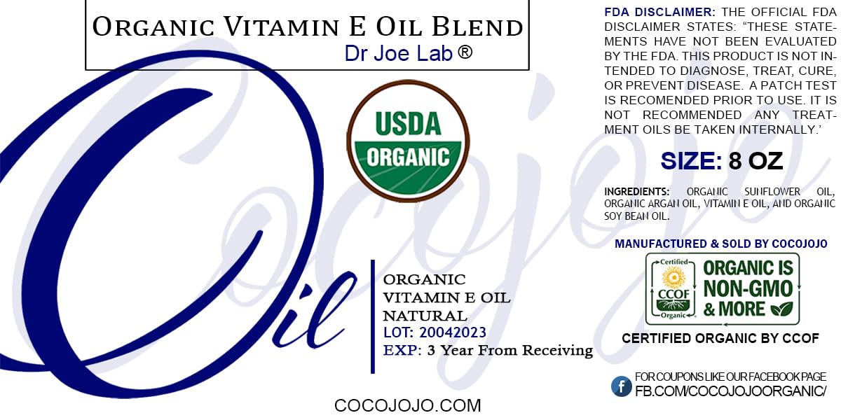Dr Joe Lab Vitamin E Oil Organic – 100% Pure Moisturizer for Skin, Hair & Body (8 oz)