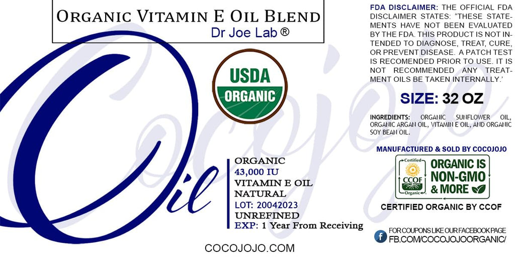 Dr Joe Lab Organic Vitamin E Oil for Skin & Hair | Cold-Pressed, Non-GMO, 32 Oz