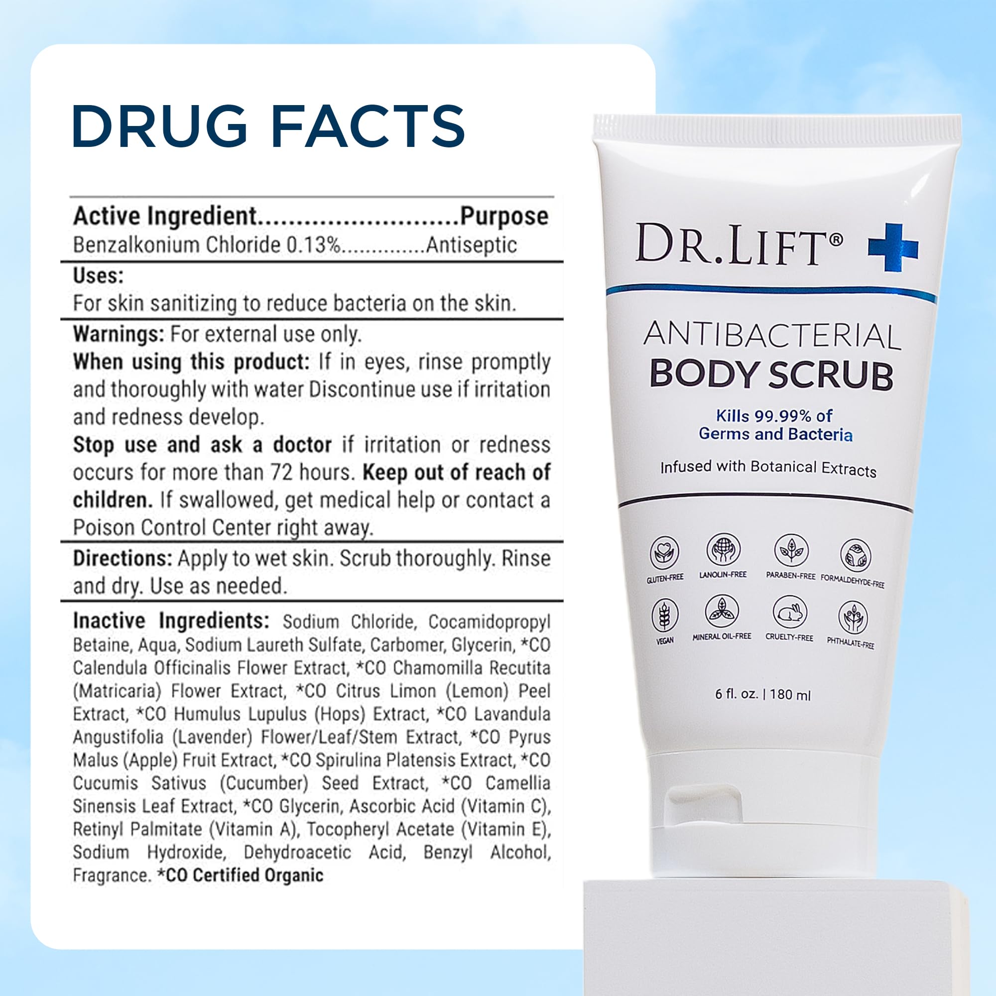 DR. LIFT Antibacterial Body Scrub | Botanical Exfoliating Formula with Lavender & Vitamin E (6 oz)