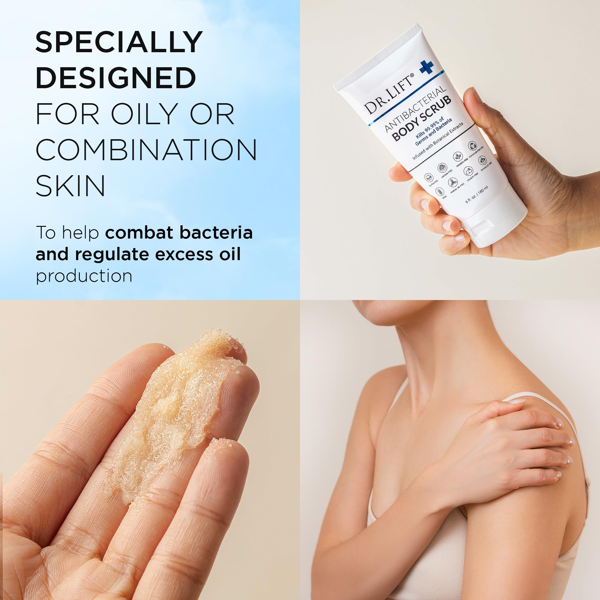 DR. LIFT Antibacterial Body Scrub | Botanical Exfoliating Formula with Lavender & Vitamin E (6 oz)
