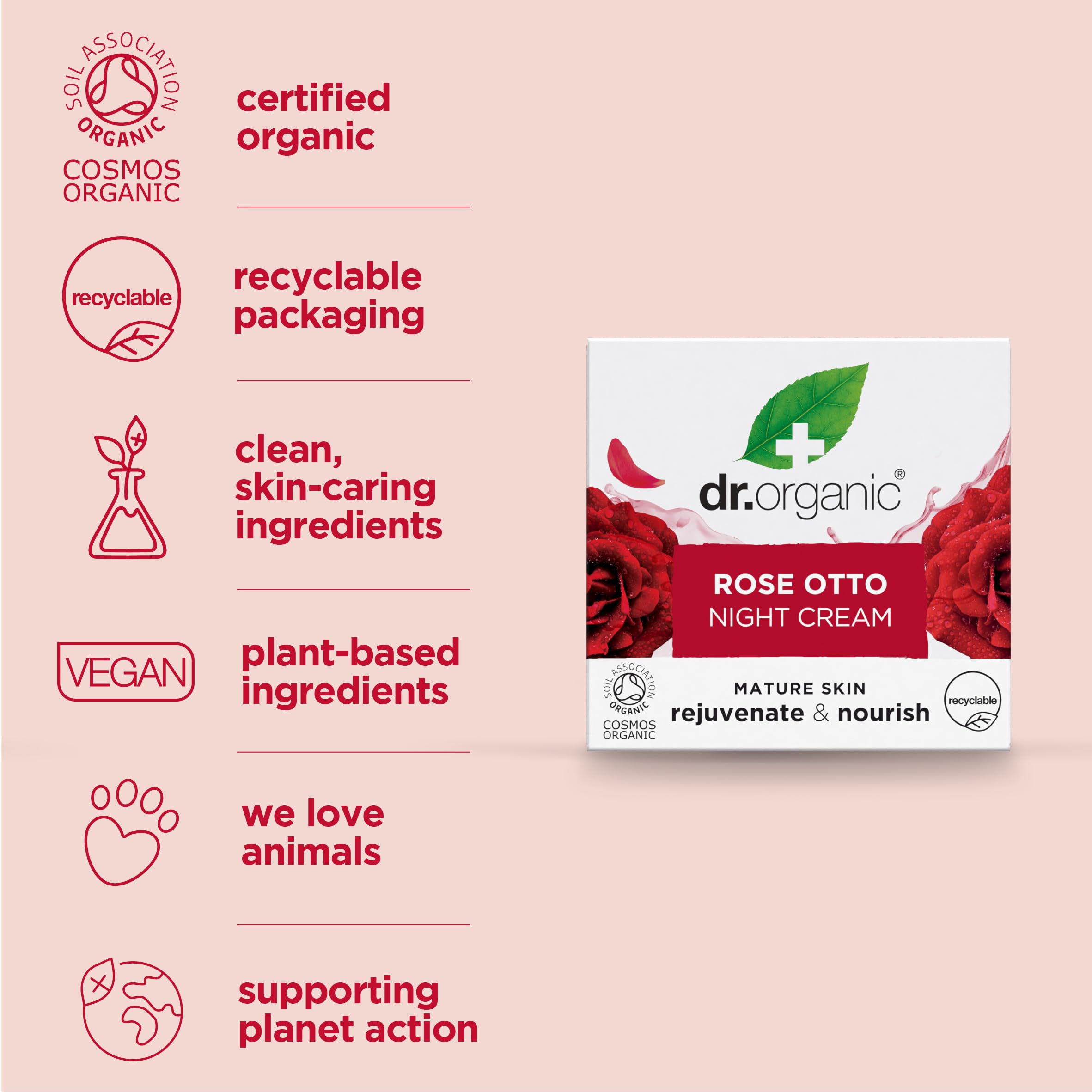 Dr. Organic Rose Otto Night Cream — Organic, Vegan Night Moisturizer for Mature Skin (50 ml)