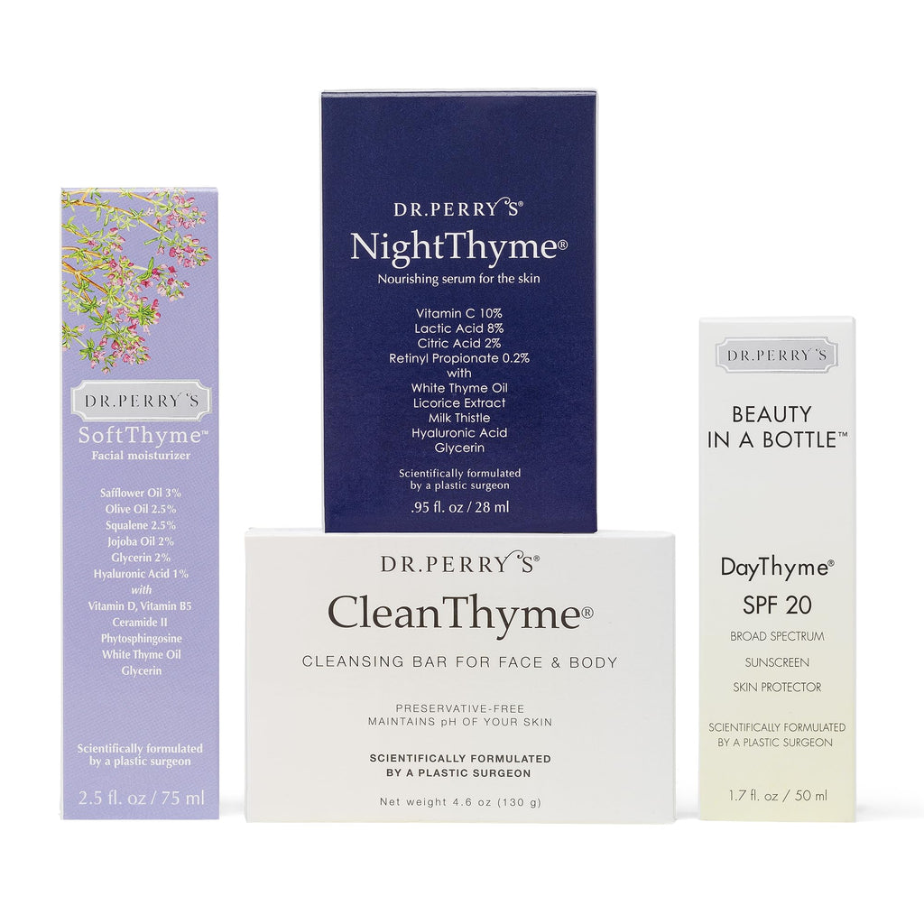 Dr. Perry's Complete Facial Skincare Regimen 4-Pc Kit – Vitamin C Serum, Moisturizer, SPF, Cleansing Bar