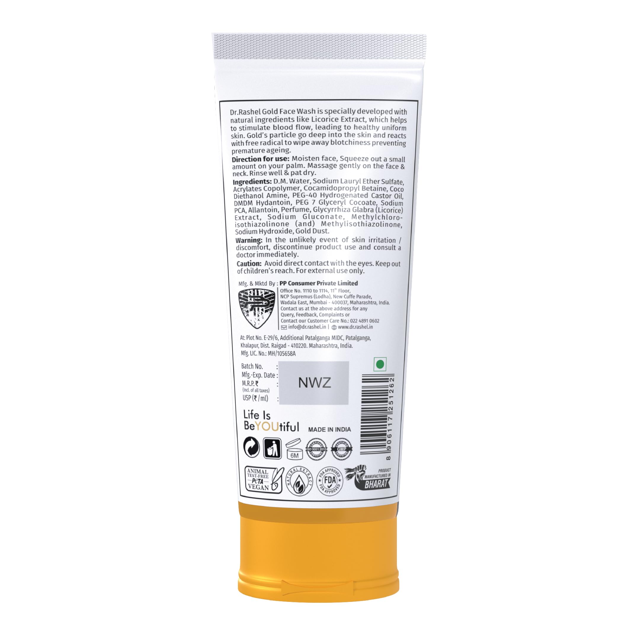 DR.RASHEL Gold Face Wash with Licorice Extract – Paraben/SLS/Silicone Free – 100 ml