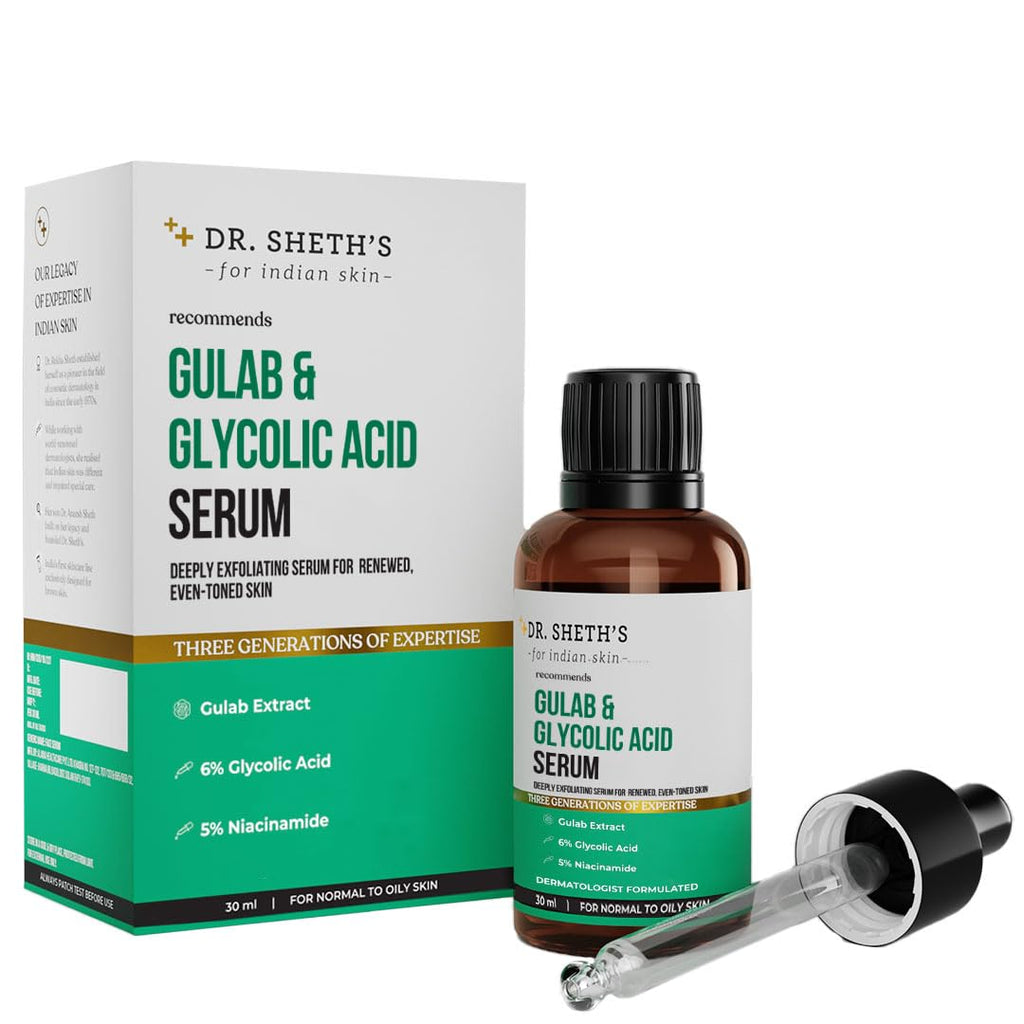 Dr. Sheth's Gulab + 6% Glycolic Acid + 5% Niacinamide Face Serum | Texture & Even Tone | 30ml