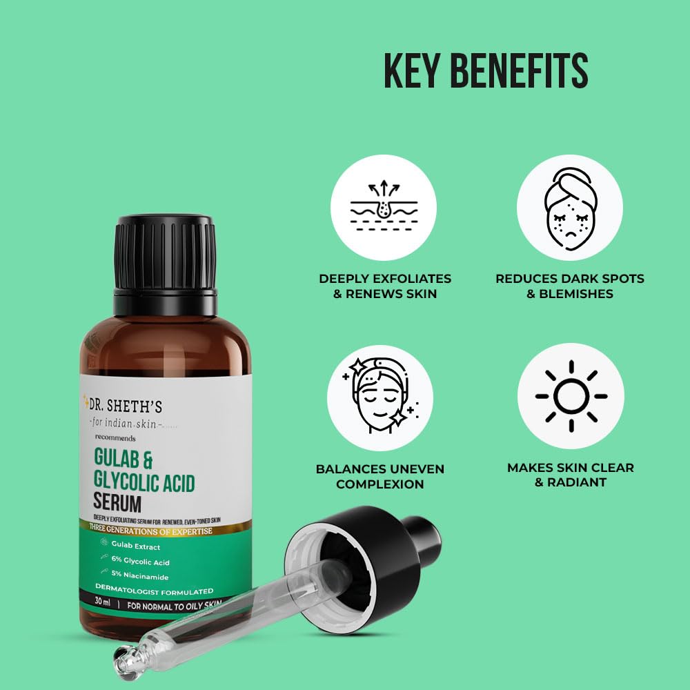 Dr. Sheth's Gulab + 6% Glycolic Acid + 5% Niacinamide Face Serum | Texture & Even Tone | 30ml