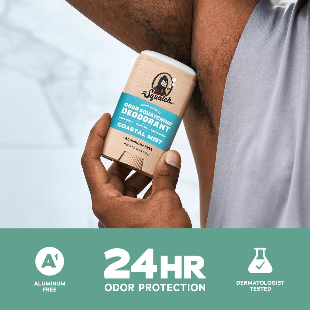 Dr. Squatch Aluminum-Free Deodorant for Men – Charcoal & Postbiotics, Coastal Mist & Rainforest Rapids (2-Pack)