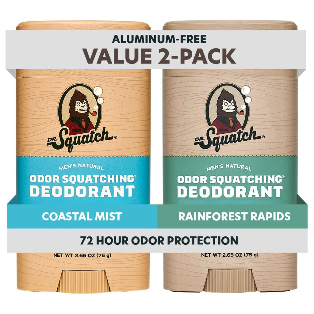 Dr. Squatch Aluminum-Free Deodorant for Men – Charcoal & Postbiotics, Coastal Mist & Rainforest Rapids (2-Pack)