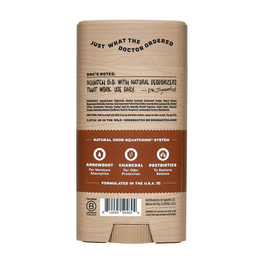 Dr. Squatch Natural Men’s Deodorant – Aluminum-Free, Charcoal & Postbiotics, Wood Barrel Bourbon, 2.65oz Stick (2-Pack)