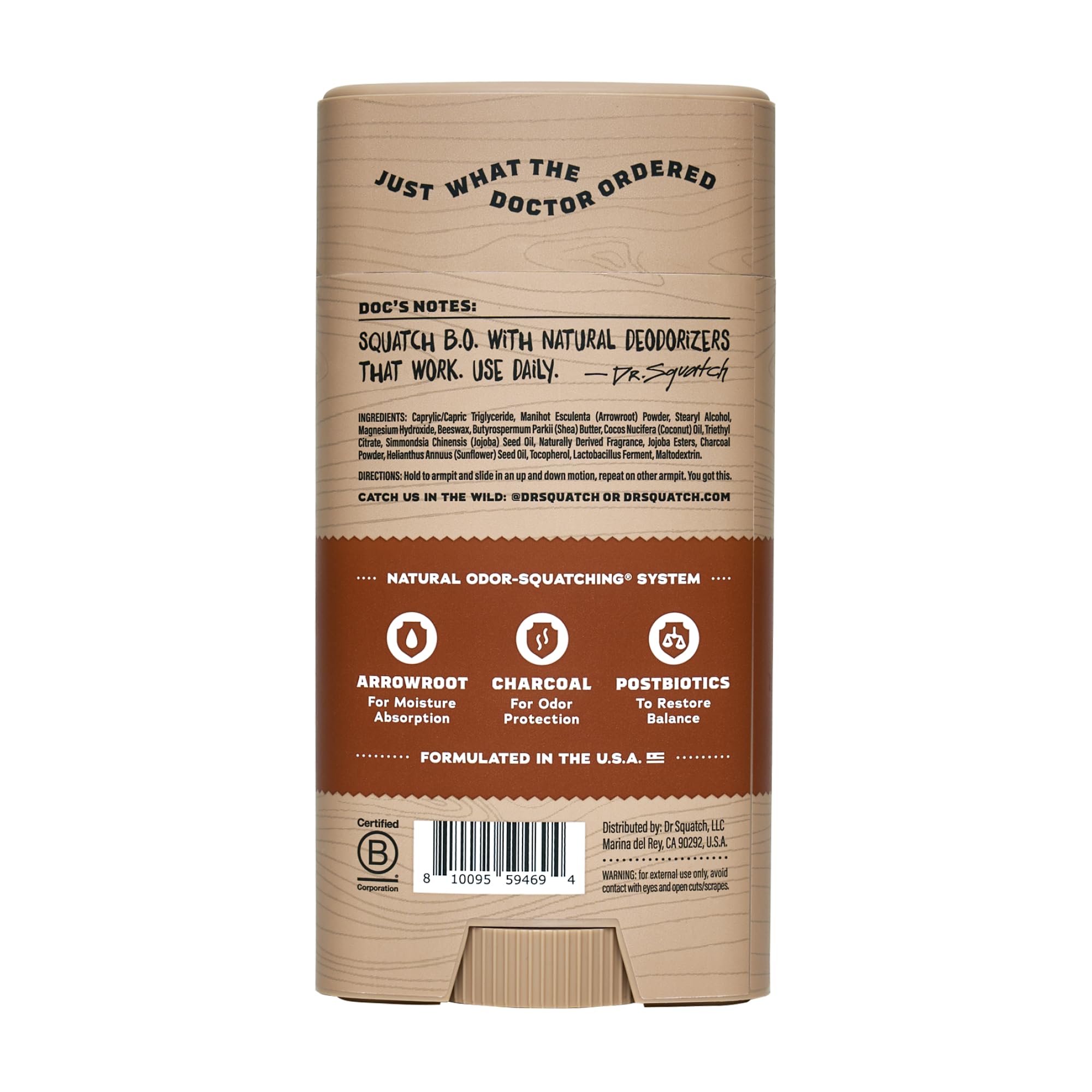 Dr. Squatch Natural Men’s Deodorant – Aluminum-Free, Charcoal & Postbiotics, Wood Barrel Bourbon, 2.65oz Stick (2-Pack)