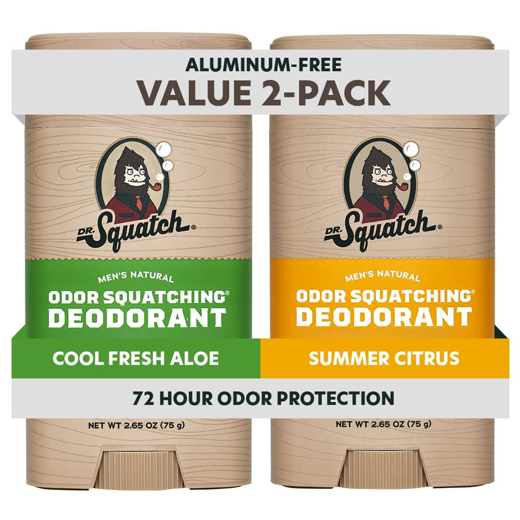 Dr. Squatch Aluminum-Free Deodorant for Men – Charcoal & Postbiotics, Summer Citrus + Aloe, 2-Pack