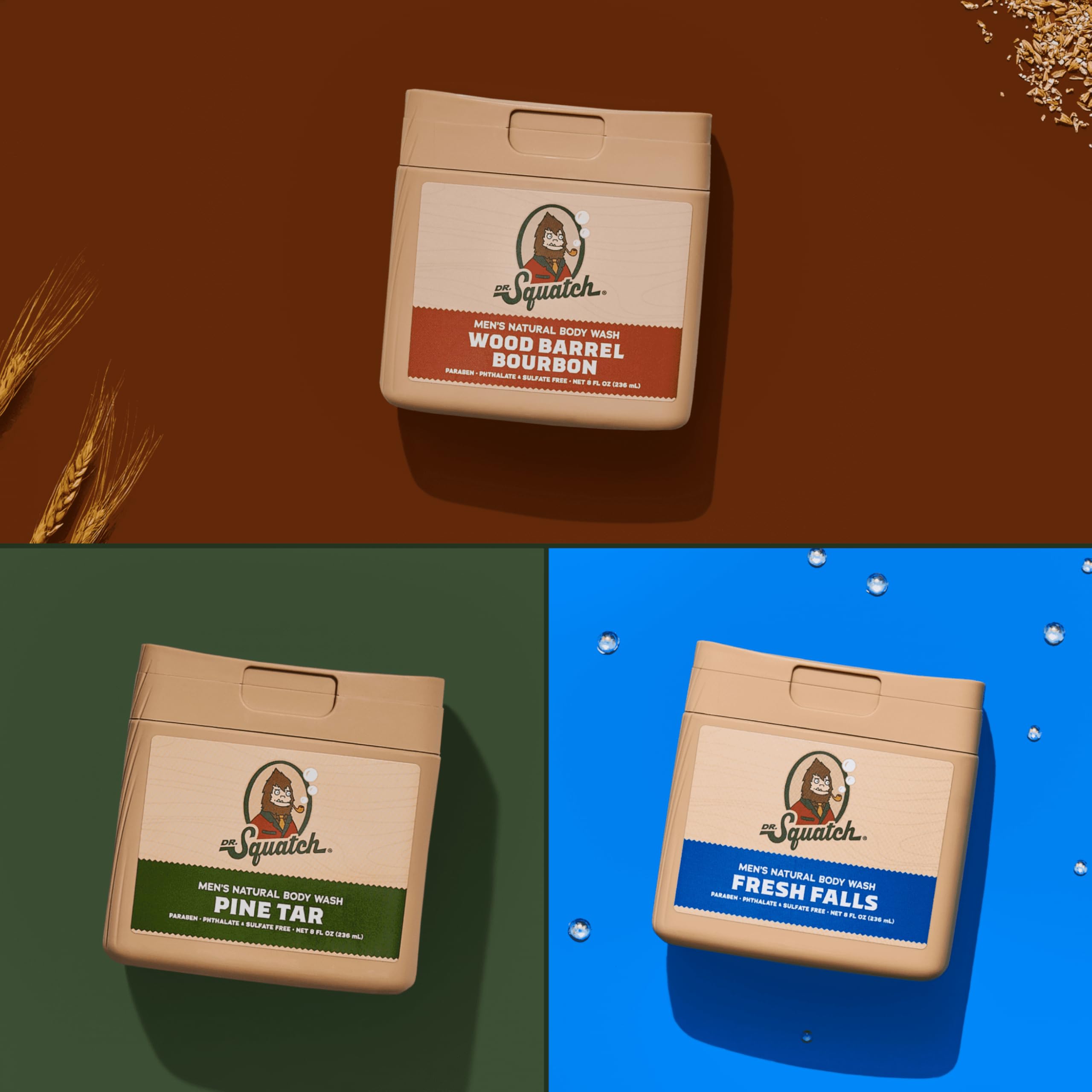 Dr. Squatch NEW Body Wash for Men – Pine Tar, Wood Barrel Bourbon & Fresh Falls (8 oz, 3-Pack)
