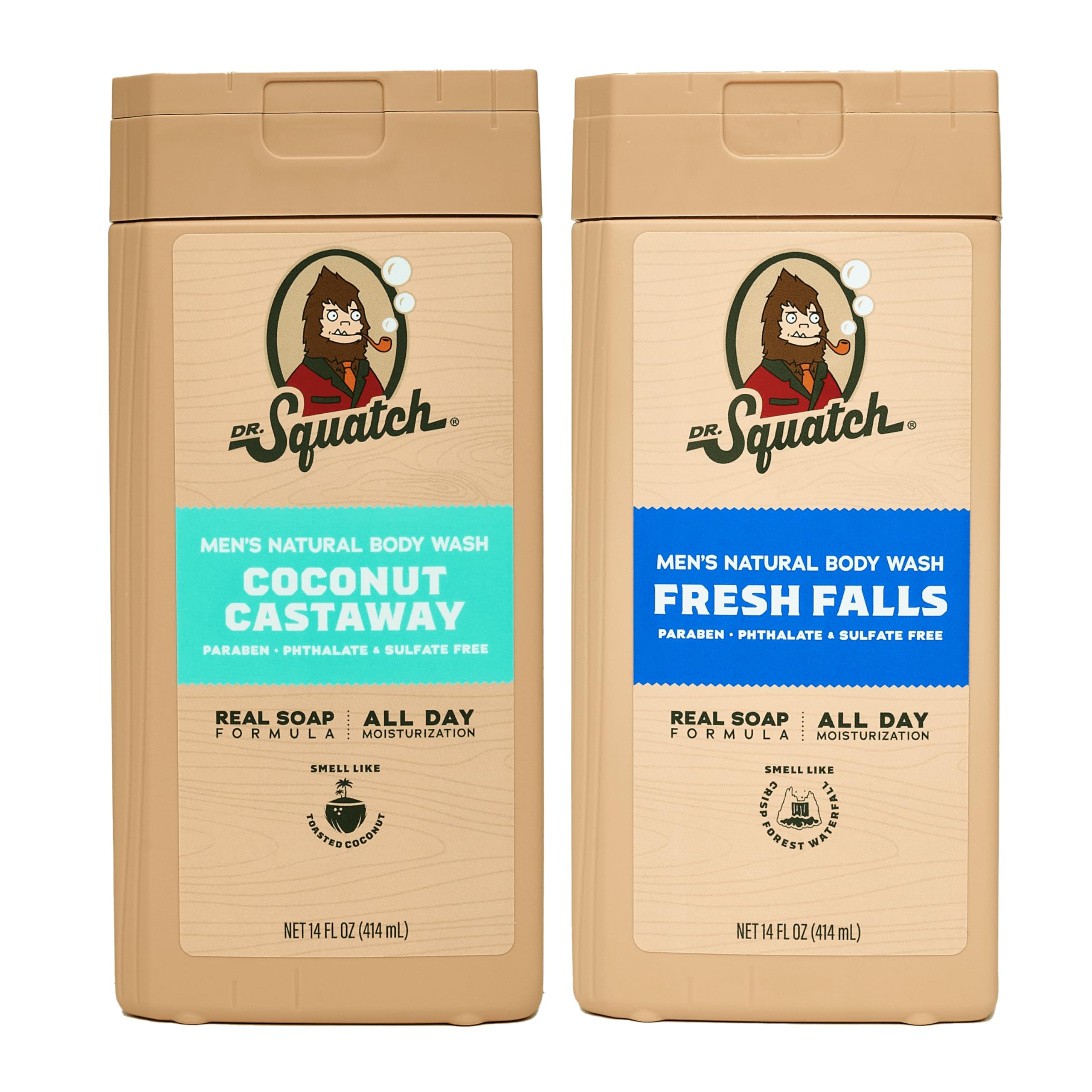 Dr. Squatch Natural Men's Body Wash Shower Gel – Fresh Falls + Coconut Castaway (14 oz, 2-Pack)