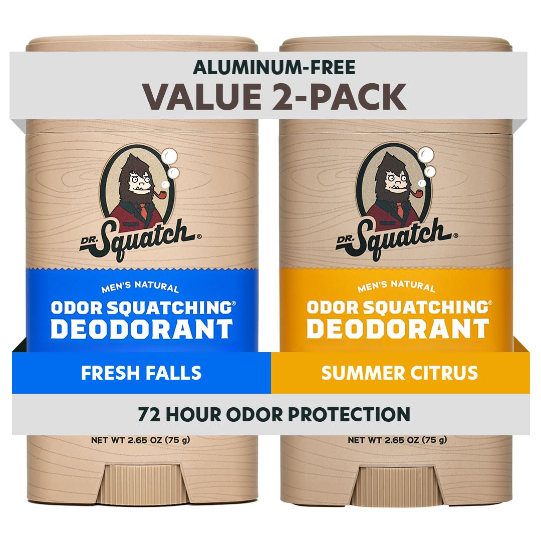 Dr. Squatch Natural Men’s Deodorant – Aluminum-Free with Charcoal & Postbiotics, 72-Hour Odor Protection, Fresh Falls & Summer Citrus, 2-Pack