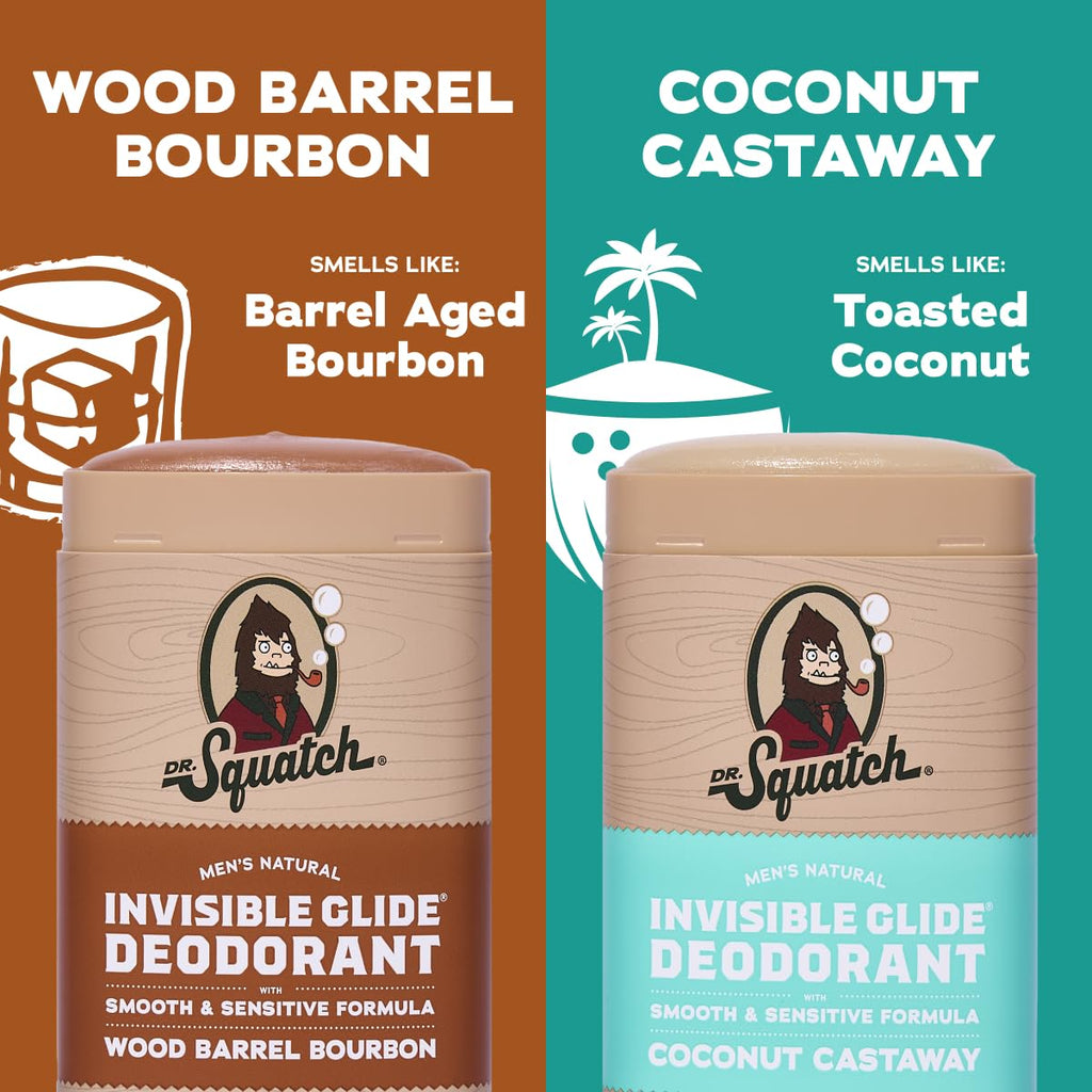 Dr. Squatch Invisible Glide Aluminum-Free Deodorant for Men – Wood Barrel Bourbon + Rainforest Rapids (2-Pack)
