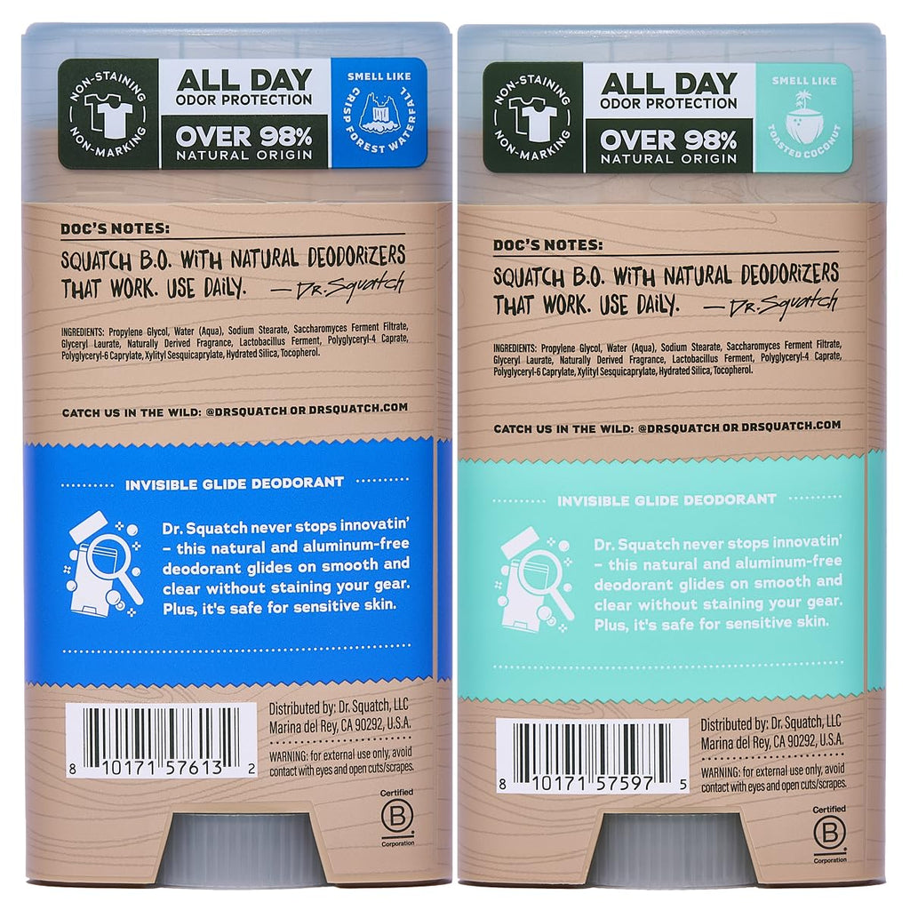 Dr. Squatch Invisible Glide Deodorant for Men – 2-Pack, Aluminum-Free, No Stains, Fresh Falls & Coconut Castaway