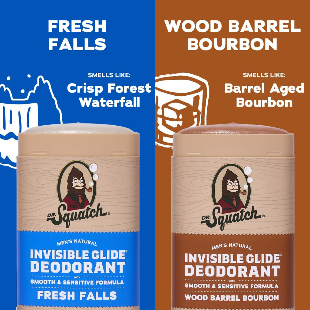 Dr. Squatch Invisible Glide Deodorant for Men – Aluminum-Free, No Stains – Fresh Falls + Wood Barrel Bourbon (2-Pack)