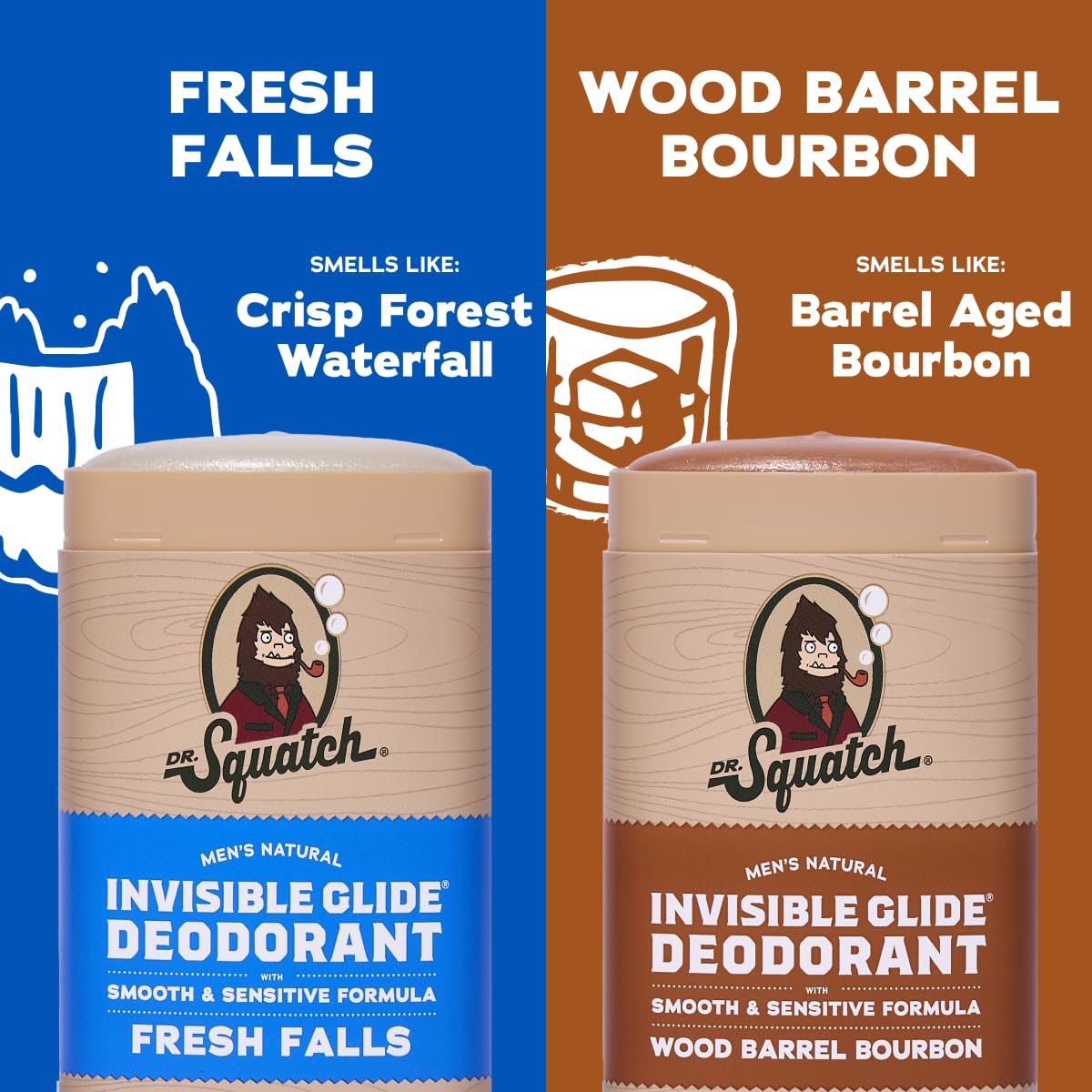 Dr. Squatch Invisible Glide Deodorant for Men – Aluminum-Free, No Stains – Fresh Falls + Wood Barrel Bourbon (2-Pack)