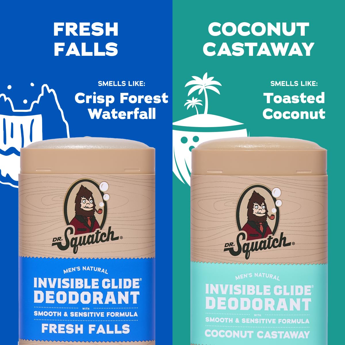 Dr. Squatch Invisible Glide Deodorant for Men – 2-Pack, Aluminum-Free, No Stains, Fresh Falls & Coconut Castaway