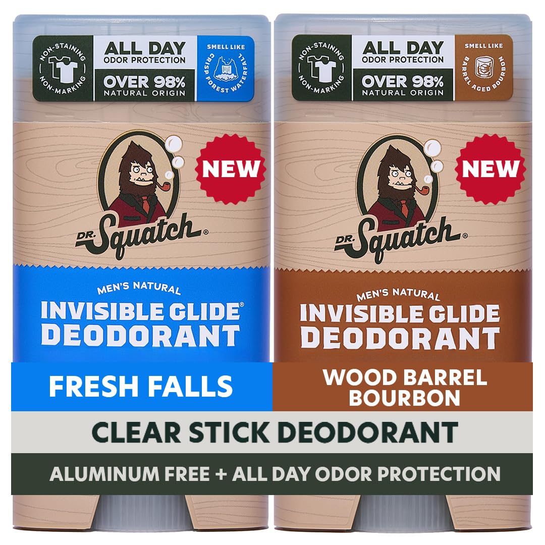 Dr. Squatch Invisible Glide Deodorant for Men – Aluminum-Free, No Stains – Fresh Falls + Wood Barrel Bourbon (2-Pack)