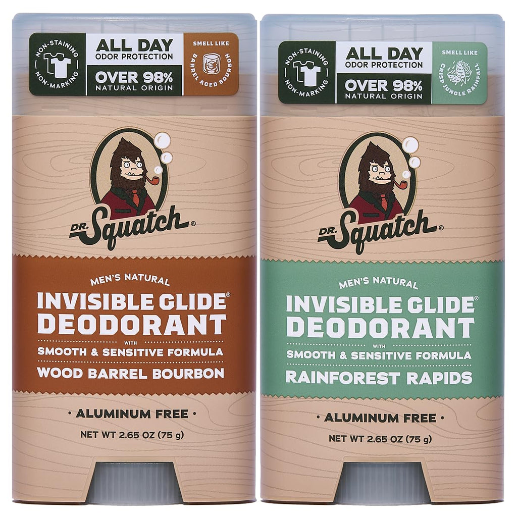 Dr. Squatch Invisible Glide Aluminum-Free Deodorant for Men – Wood Barrel Bourbon + Rainforest Rapids (2-Pack)
