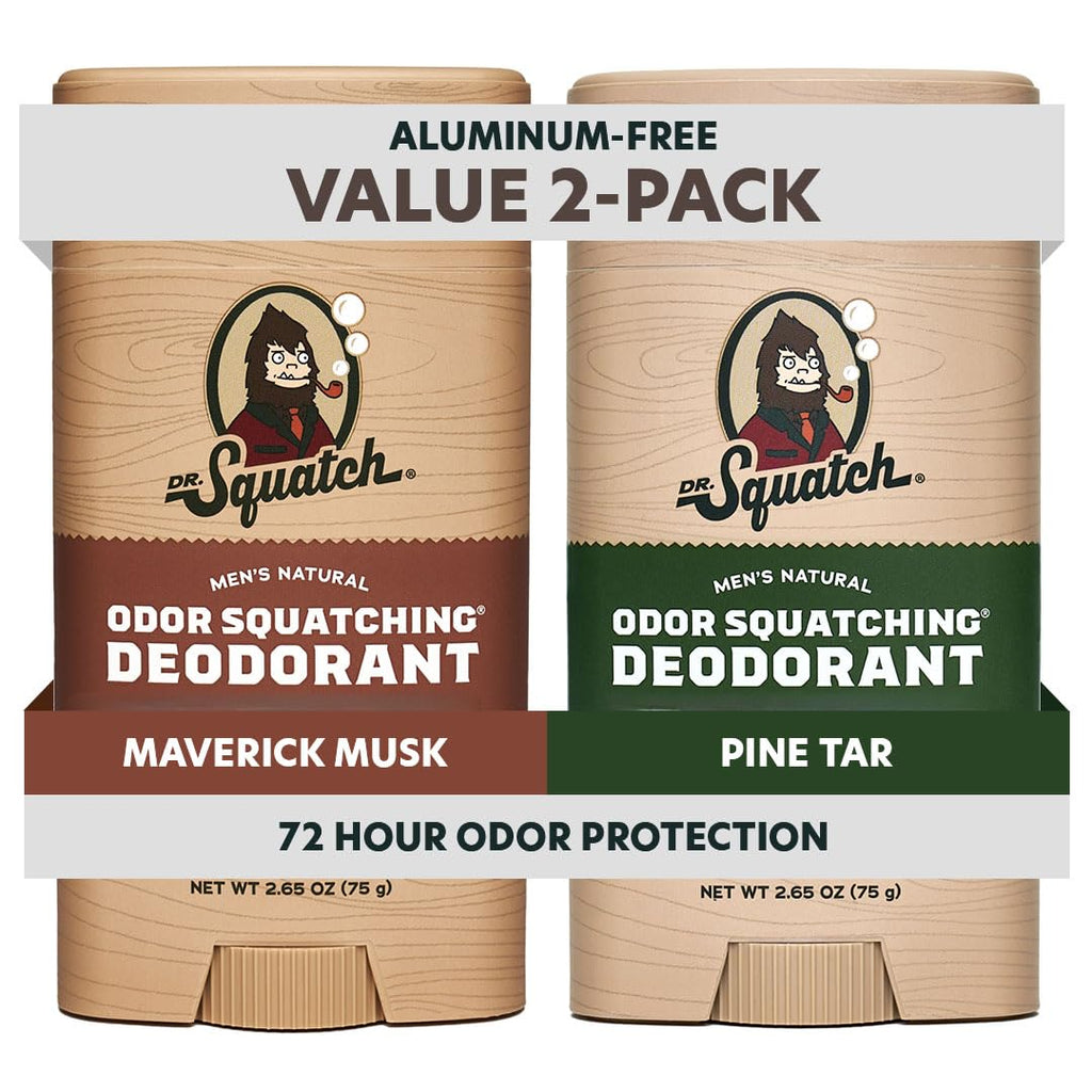 Dr. Squatch Natural Men's Deodorant – Aluminum-Free with Charcoal & Postbiotics, Maverick Musk + Pine Tar, 2.65oz Stick (2-Pack)