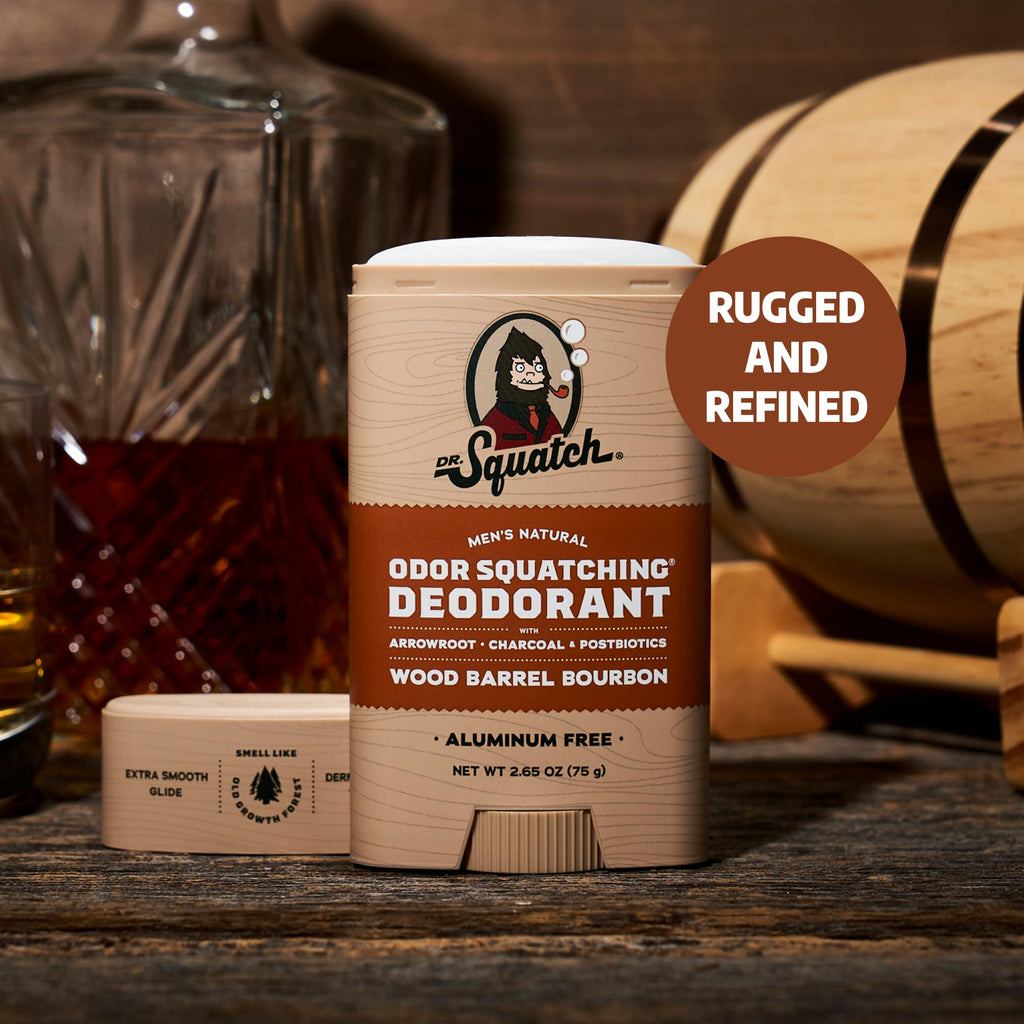 Dr. Squatch Natural Men’s Deodorant – Aluminum-Free, Charcoal & Postbiotics, Wood Barrel Bourbon, 2.65oz Stick (2-Pack)