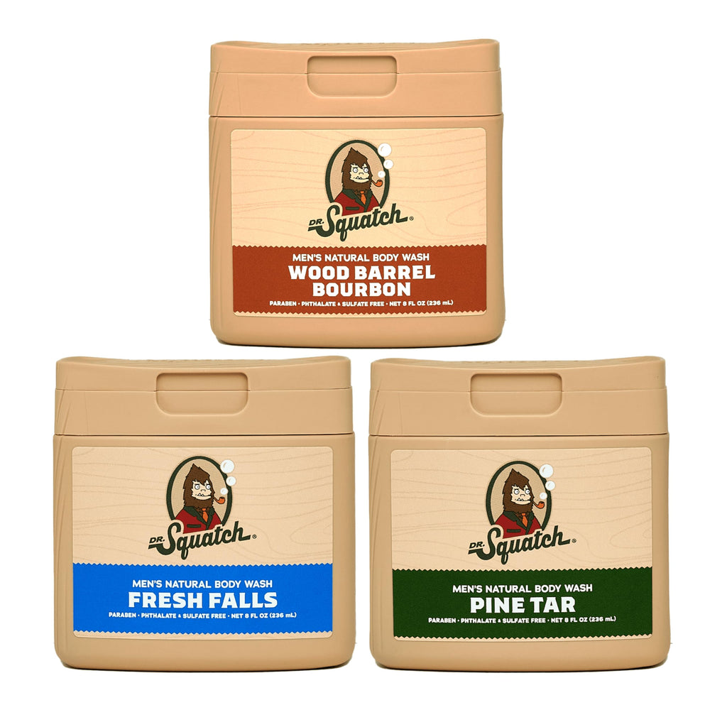 Dr. Squatch NEW Body Wash for Men – Pine Tar, Wood Barrel Bourbon & Fresh Falls (8 oz, 3-Pack)
