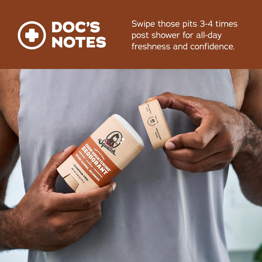 Dr. Squatch Natural Men’s Deodorant – Aluminum-Free, Charcoal & Postbiotics, Wood Barrel Bourbon, 2.65oz Stick (2-Pack)