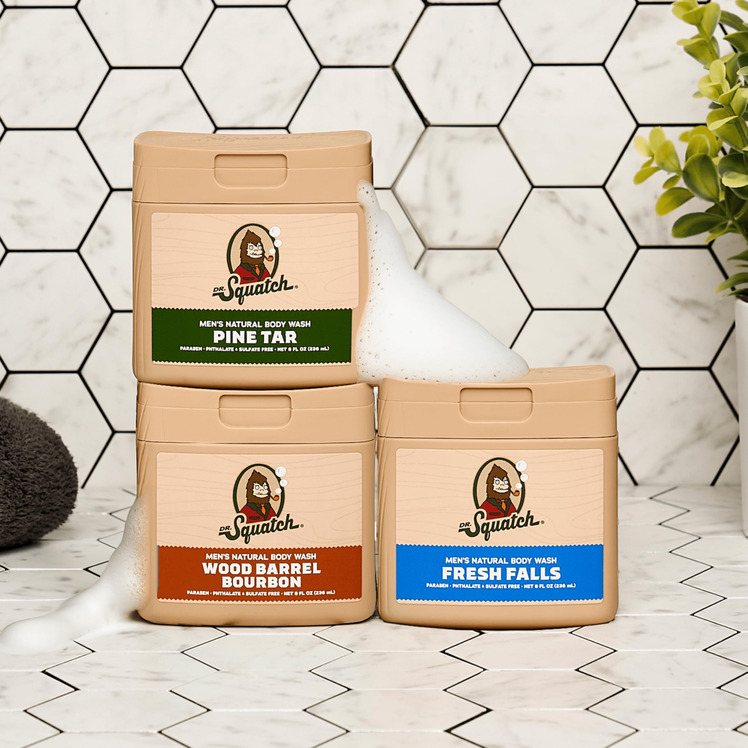 Dr. Squatch NEW Body Wash for Men – Pine Tar, Wood Barrel Bourbon & Fresh Falls (8 oz, 3-Pack)
