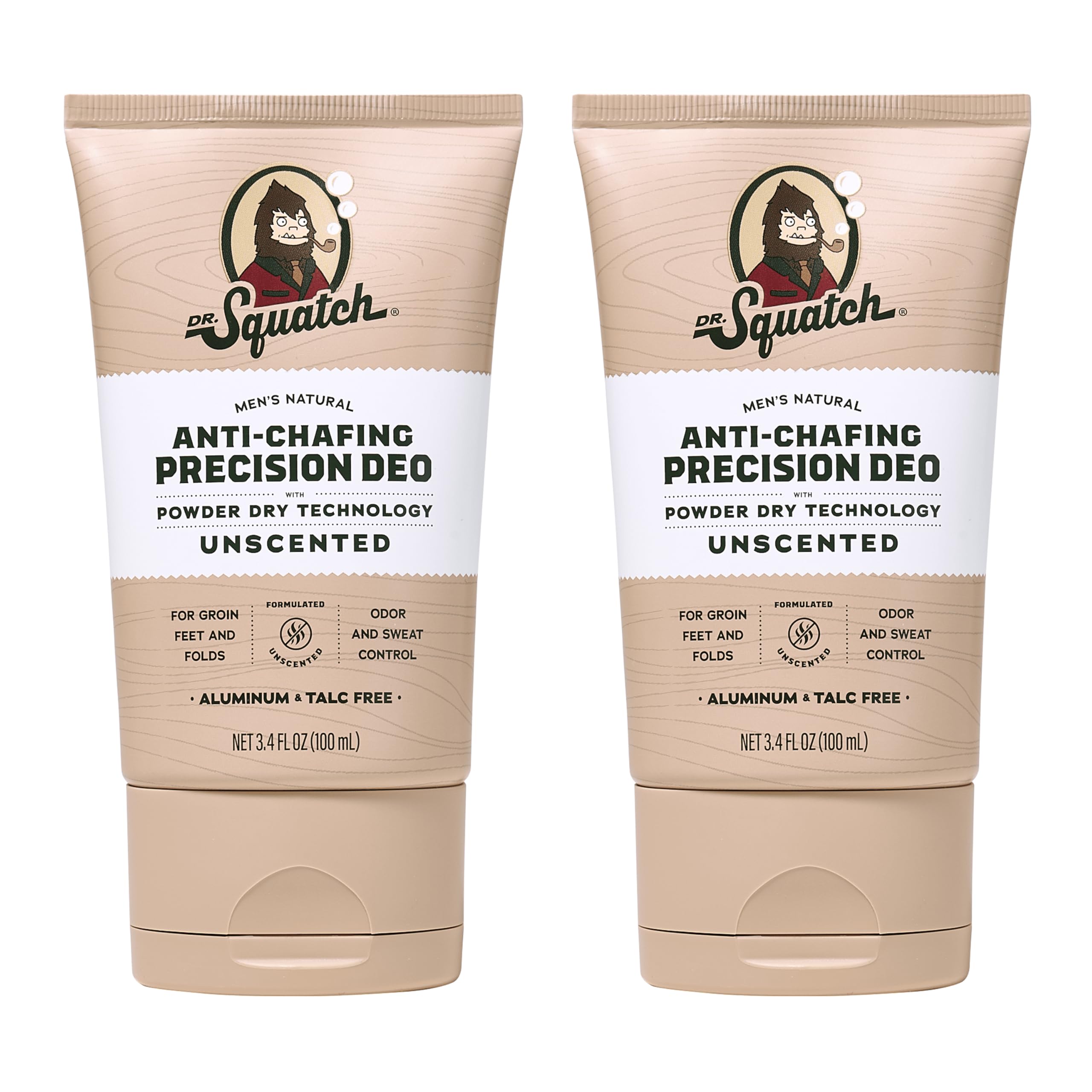 Dr. Squatch Whole Body Deodorant for Men – Odor & Sweat Control, Unscented, Aluminum & Talc Free, 2-Pack (3.4 fl oz each)