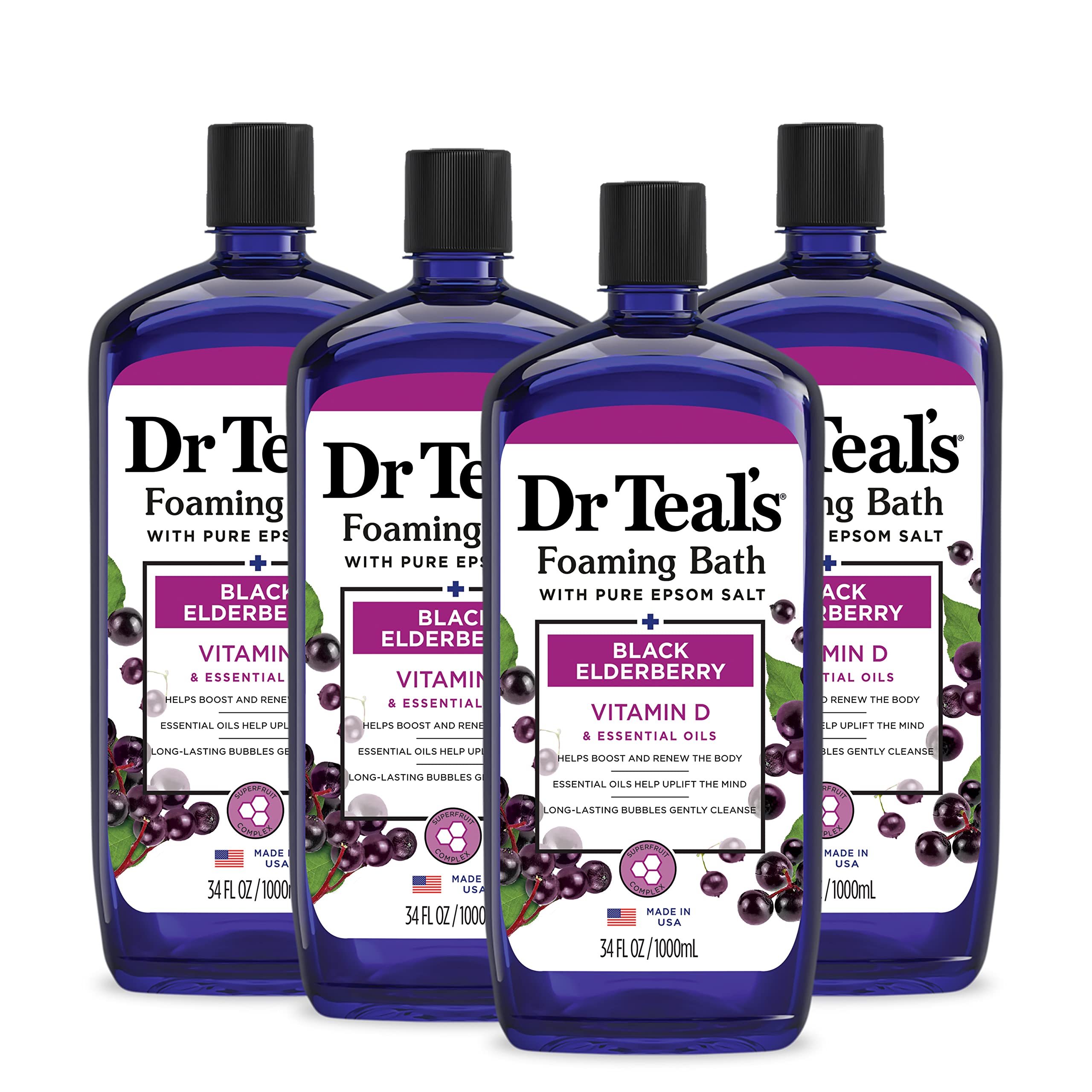 Dr Teal's Foaming Bath with Pure Epsom Salt, Black Elderberry & Vitamin D — 34 oz (Pack of 4)