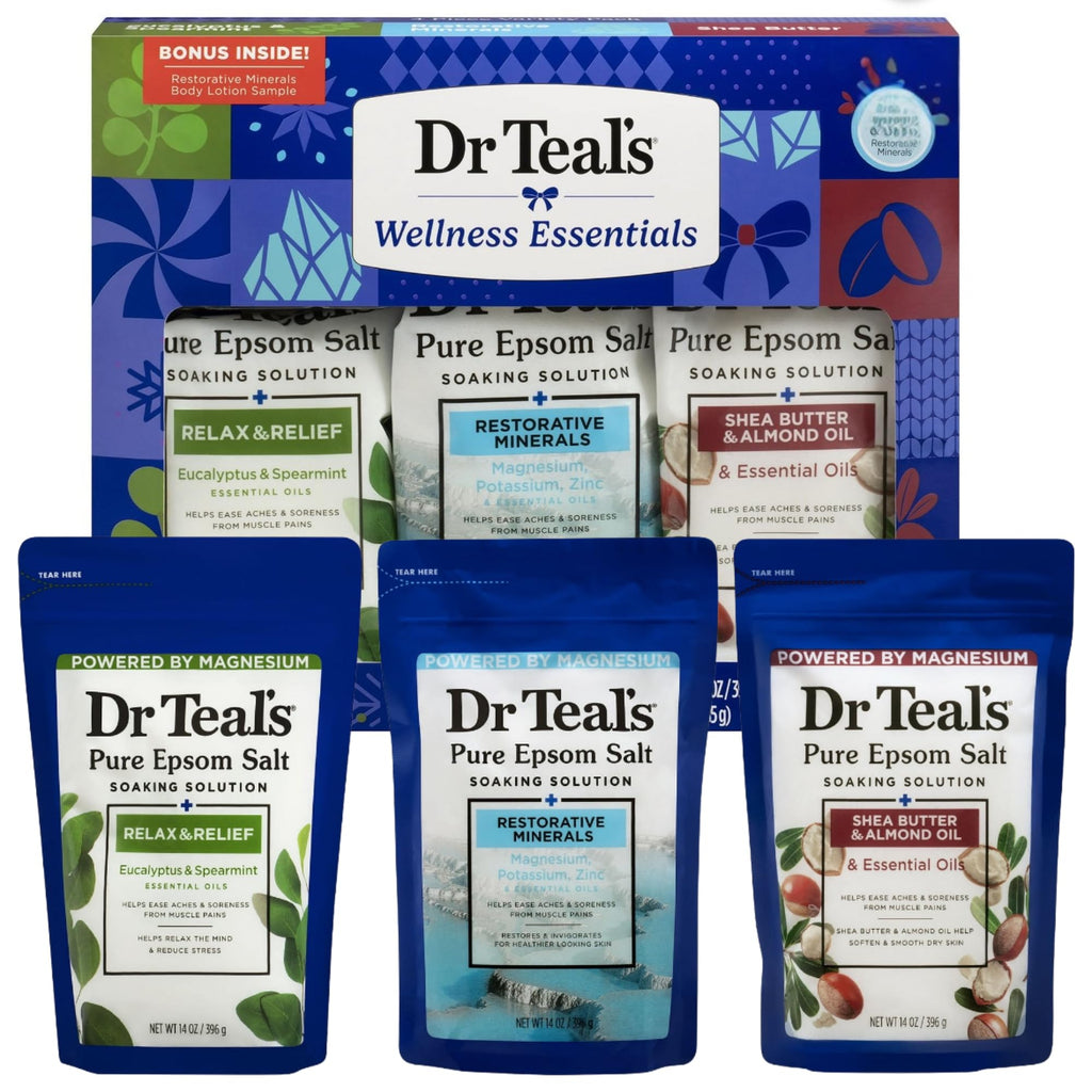Dr Teal's Holiday Edition Pure Epsom Salt Gift Set, 3 Pack — Eucalyptus Spearmint, Restorative Minerals, Shea Butter & Almond Oil