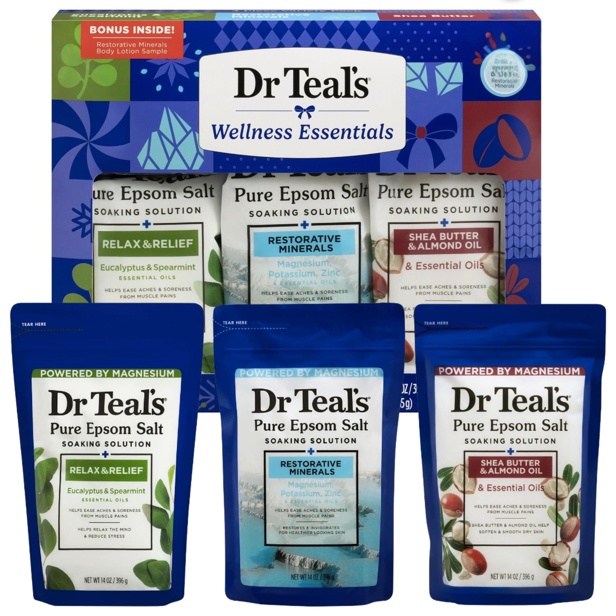 Dr Teal's Holiday Edition Pure Epsom Salt Gift Set, 3 Pack — Eucalyptus Spearmint, Restorative Minerals, Shea Butter & Almond Oil