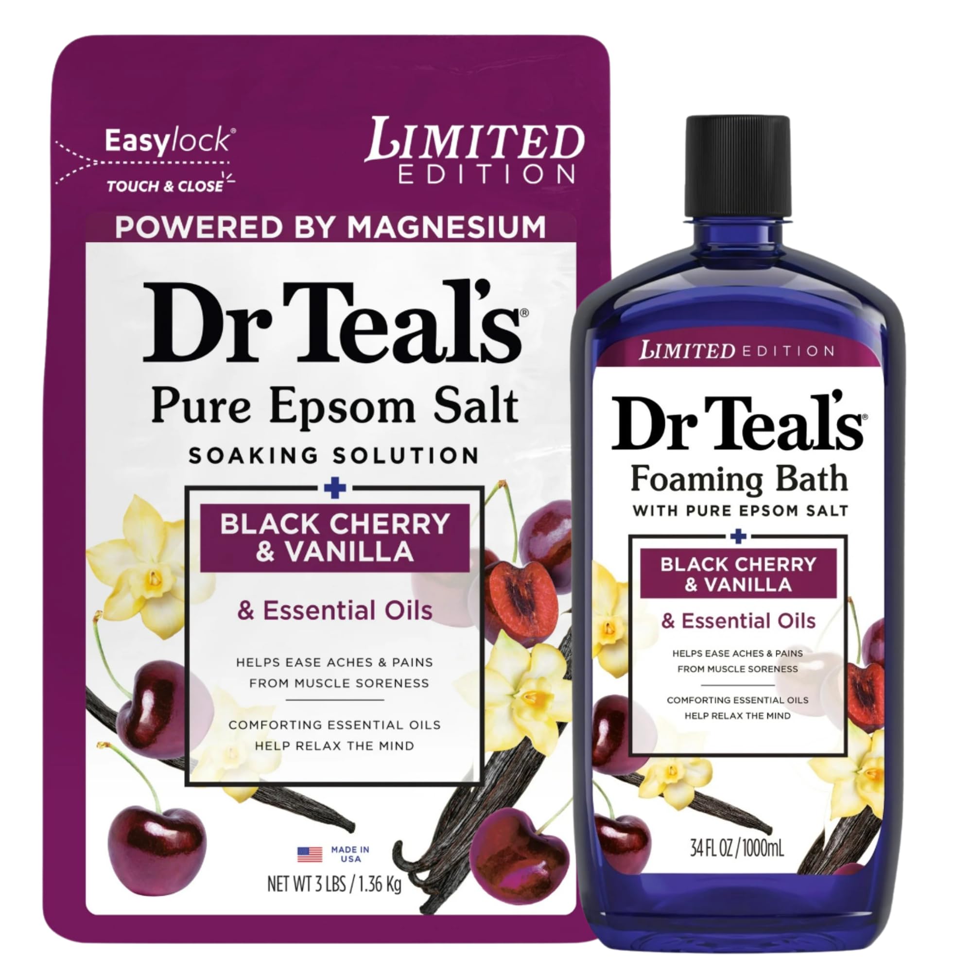 Dr Teal's Limited Edition Black Cherry & Vanilla Bath Set – Pure Epsom Salt & Foaming Bath, 34 oz