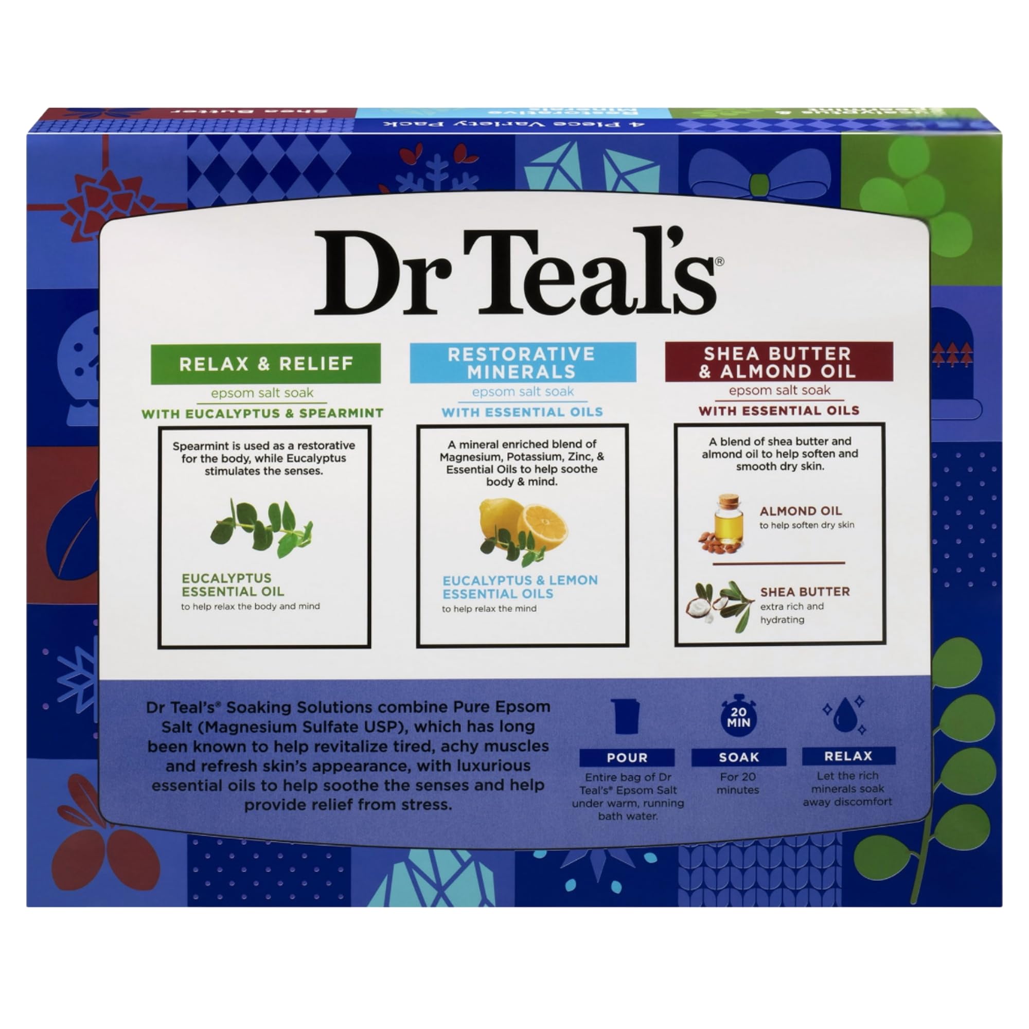 Dr Teal's Holiday Edition Pure Epsom Salt Gift Set, 3 Pack — Eucalyptus Spearmint, Restorative Minerals, Shea Butter & Almond Oil