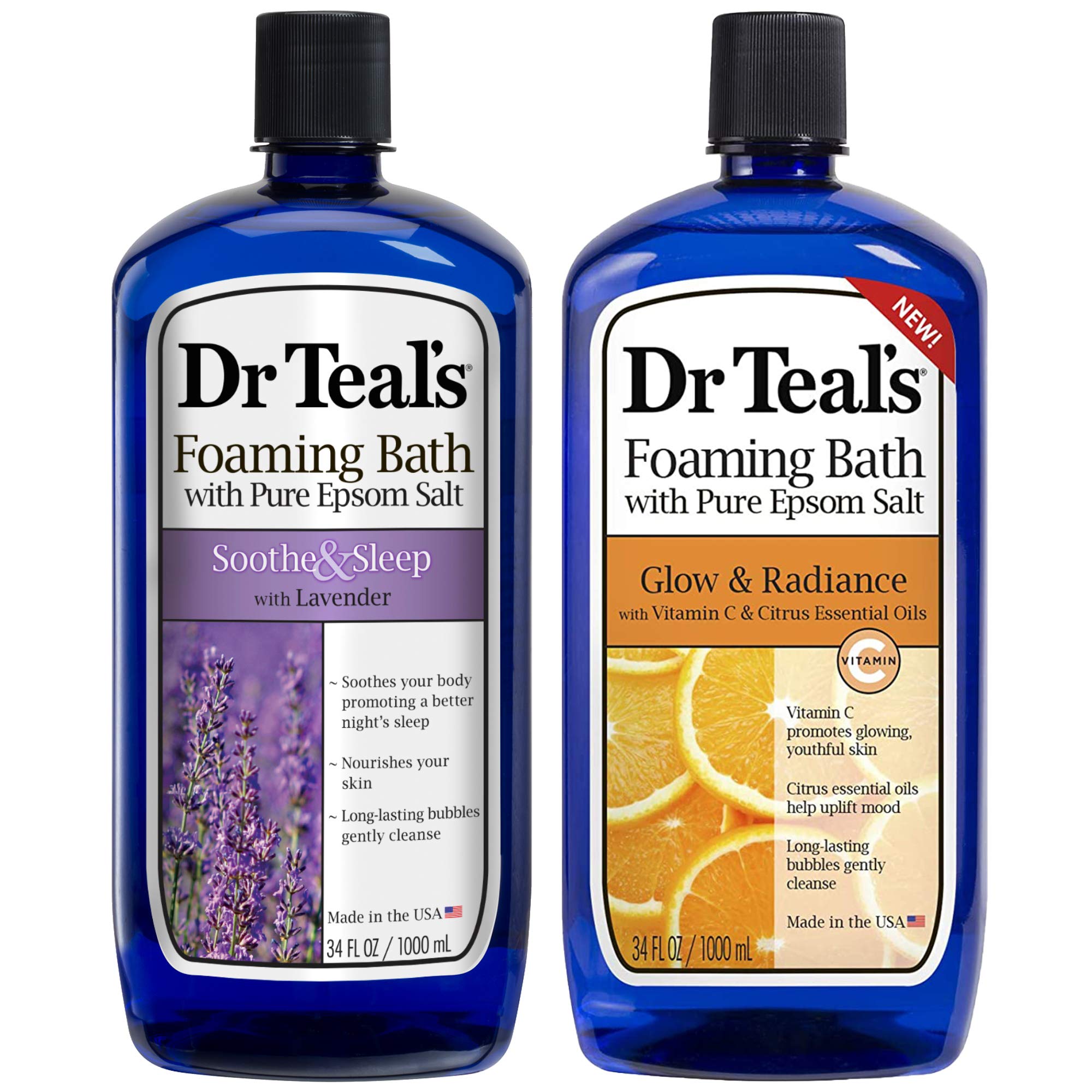 Dr Teal's Foaming Bath Variety Gift Set (2 x 34 oz) – Soothe & Sleep Lavender + Glow & Radiance Vitamin C & Citrus