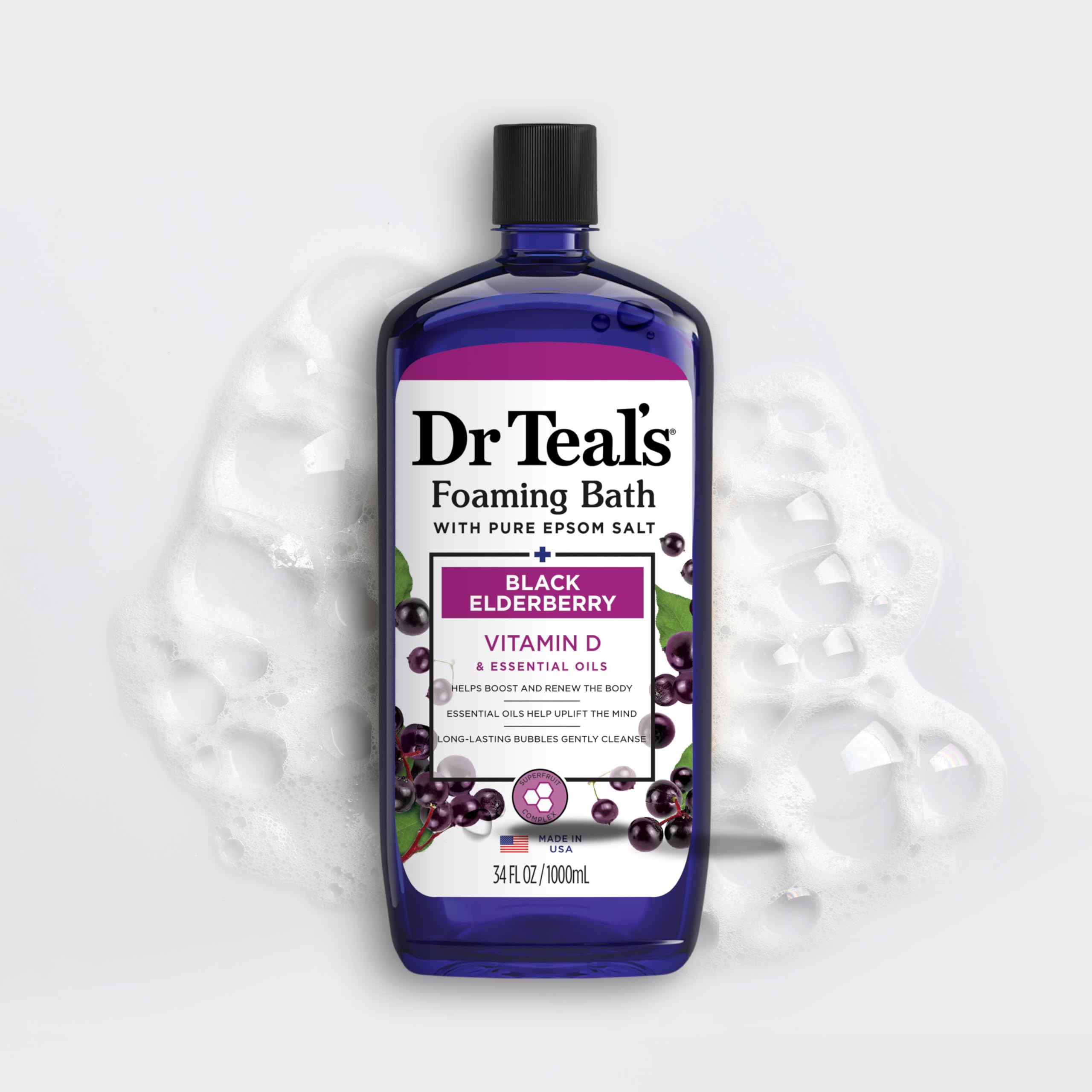 Dr Teal's Foaming Bath with Pure Epsom Salt, Black Elderberry & Vitamin D — 34 oz (Pack of 4)