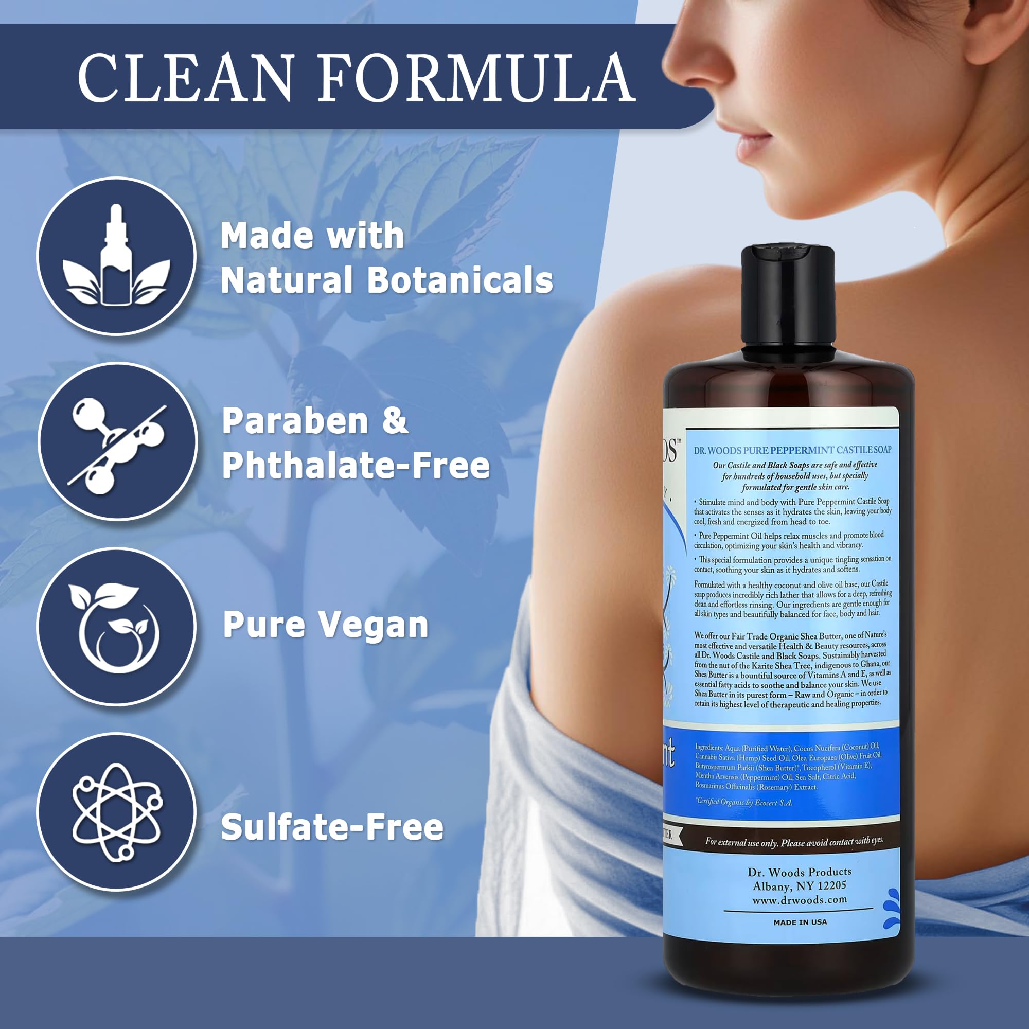 Dr. Woods Peppermint Liquid Castile Soap with Pump – Organic Shea Butter & Gentle Face & Body Cleanser (32 Fl Oz)