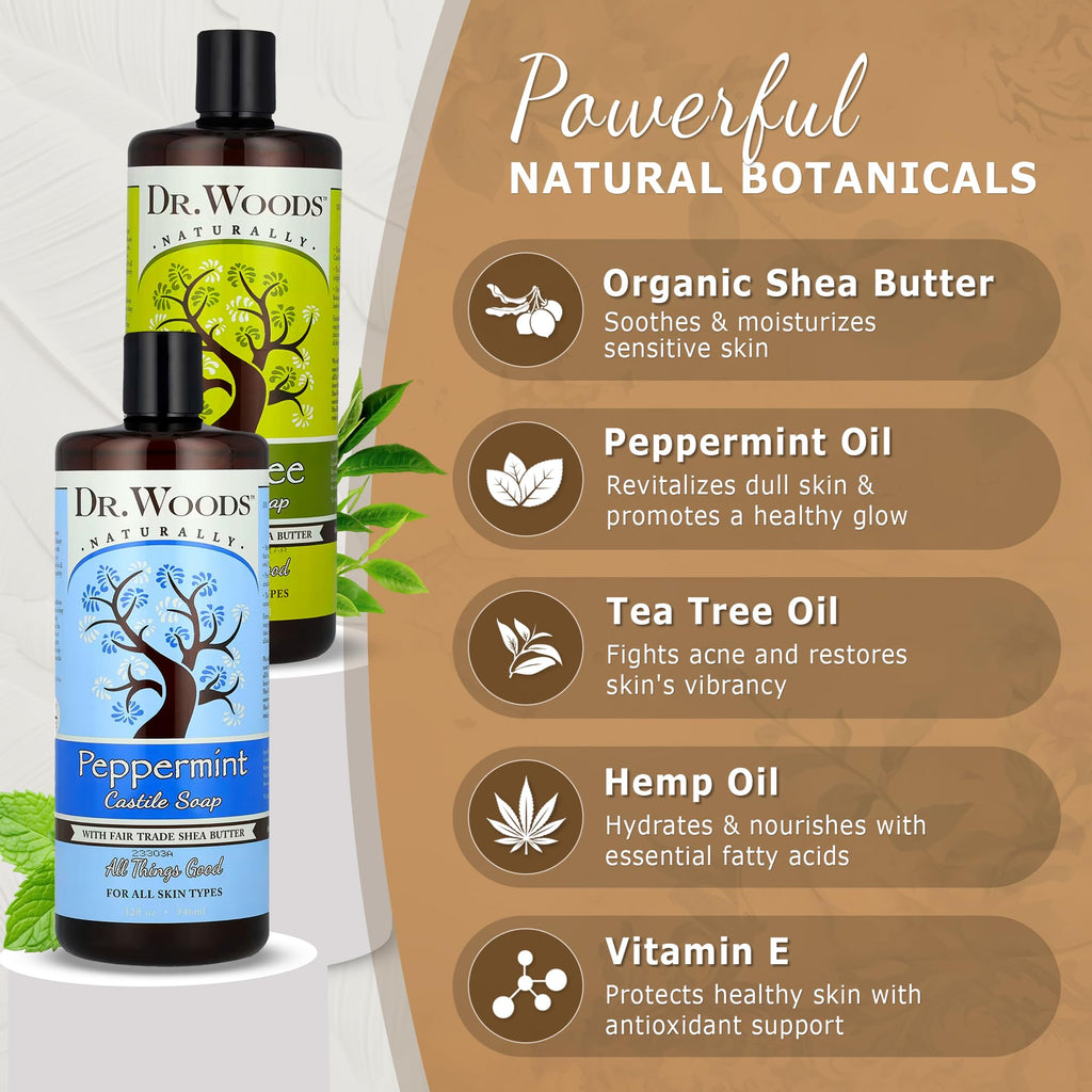 Dr. Woods Liquid Castile Soap – Tea Tree & Peppermint, Organic Shea Butter, 32 oz (Pack of 2)