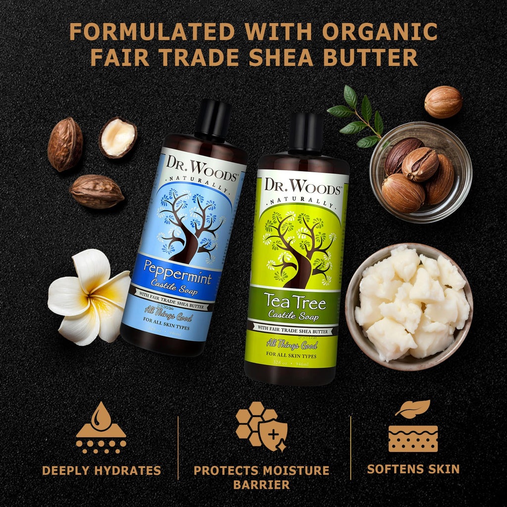 Dr. Woods Liquid Castile Soap – Tea Tree & Peppermint, Organic Shea Butter, 32 oz (Pack of 2)