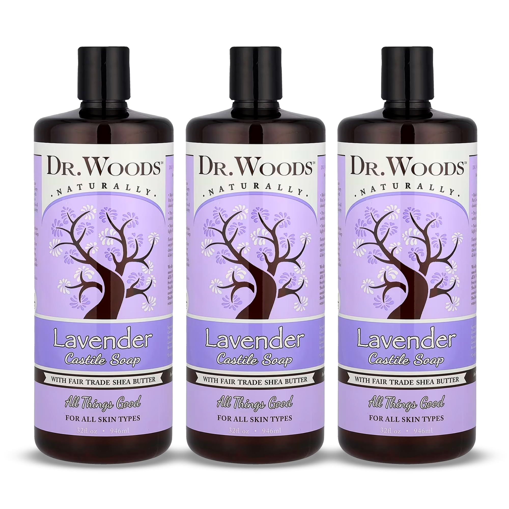 Dr. Woods Lavender Castile Soap – 32 oz x3 with Lavender Oil & Organic Shea Butter