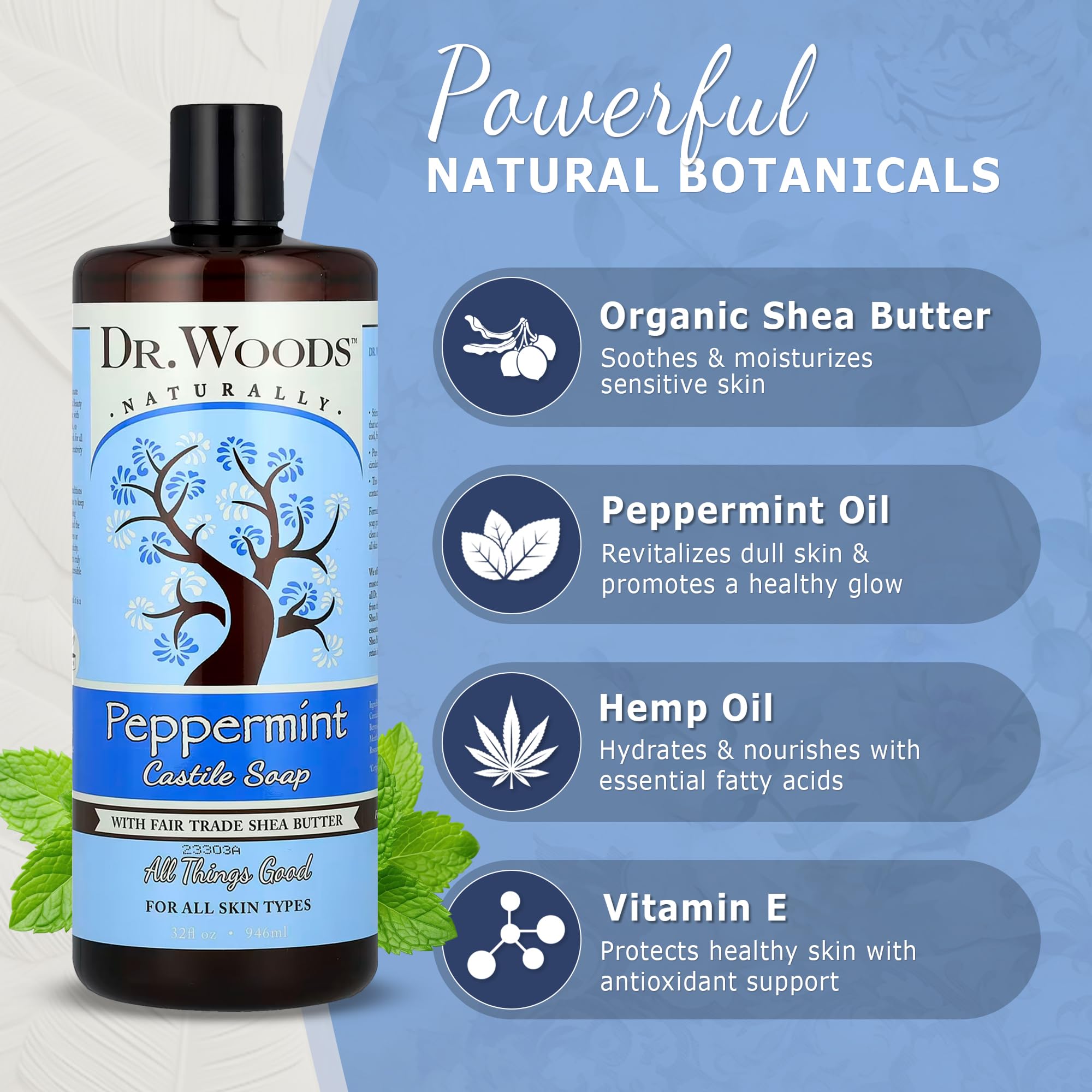 Dr. Woods Peppermint Liquid Castile Soap with Pump – Organic Shea Butter & Gentle Face & Body Cleanser (32 Fl Oz)