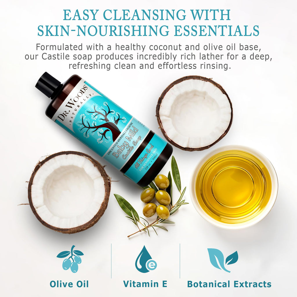 Dr. Woods Unscented Baby Mild Castile Soap - Gentle, Fragrance-Free Cleanser with Hemp Oil & Vitamin E, 32 oz (2-Pack) | Paraben, Sulfate & Phthalate Free