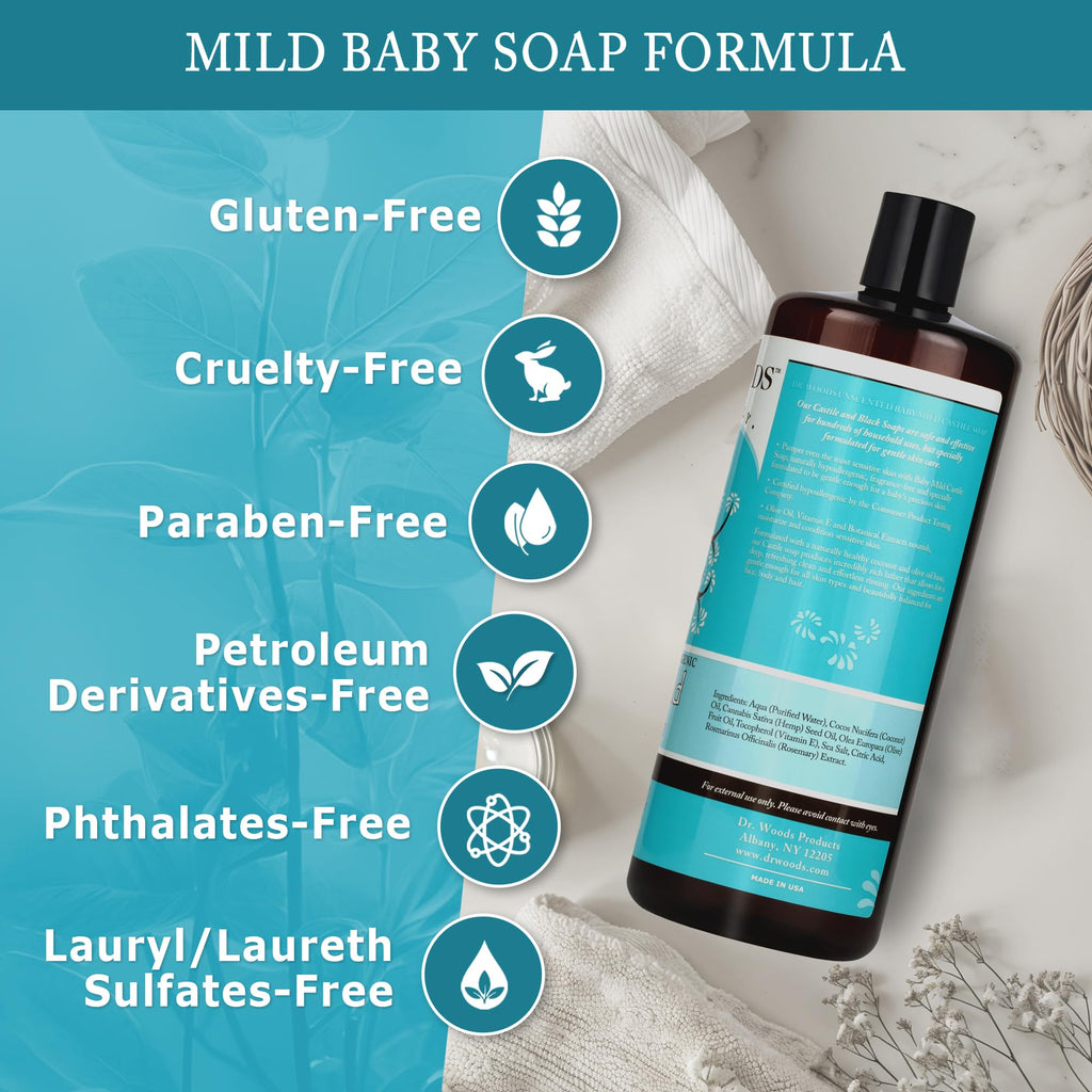 Dr. Woods Unscented Baby Mild Castile Soap - Gentle, Fragrance-Free Cleanser with Hemp Oil & Vitamin E, 32 oz (2-Pack) | Paraben, Sulfate & Phthalate Free