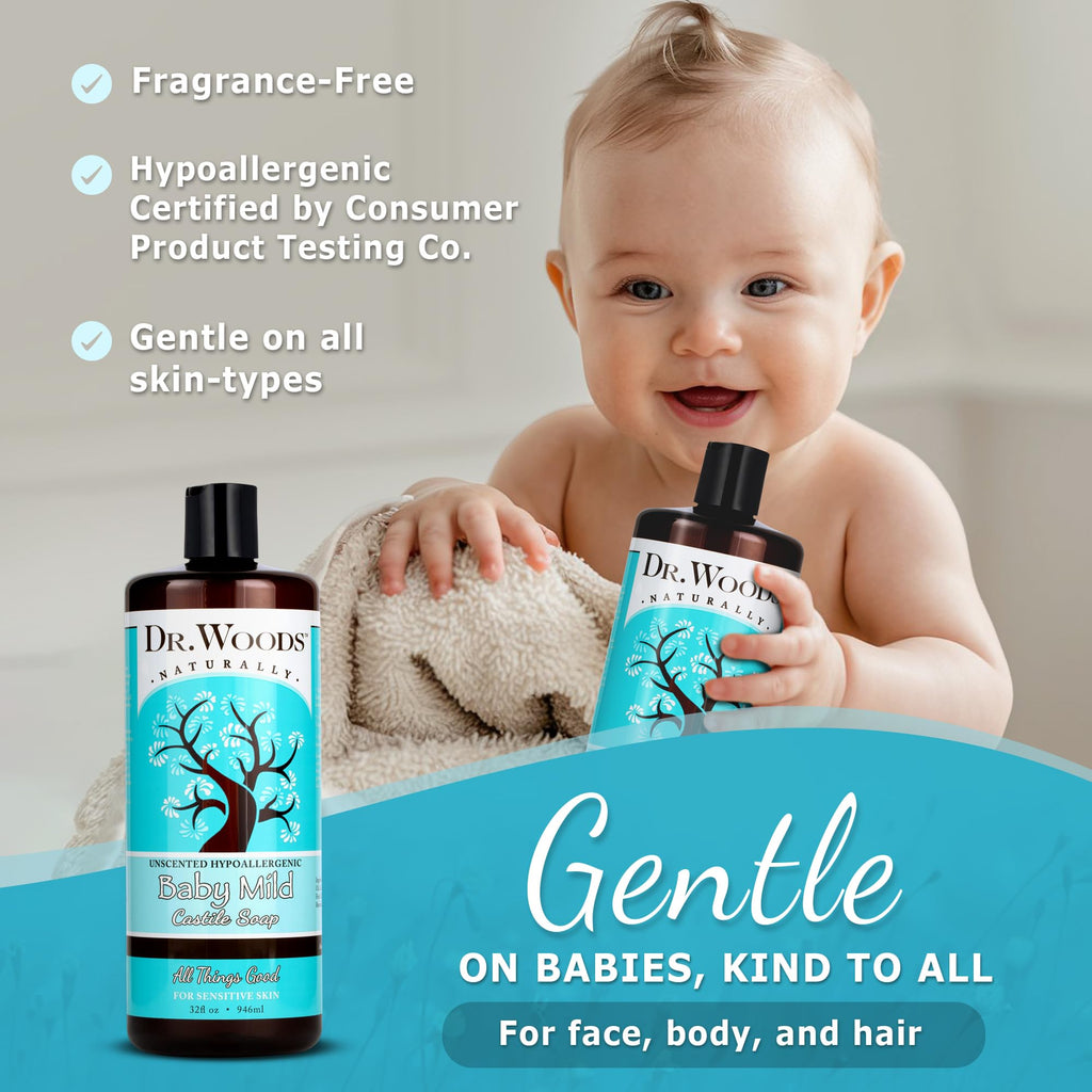 Dr. Woods Unscented Baby Mild Castile Soap - Gentle, Fragrance-Free Cleanser with Hemp Oil & Vitamin E, 32 oz (2-Pack) | Paraben, Sulfate & Phthalate Free