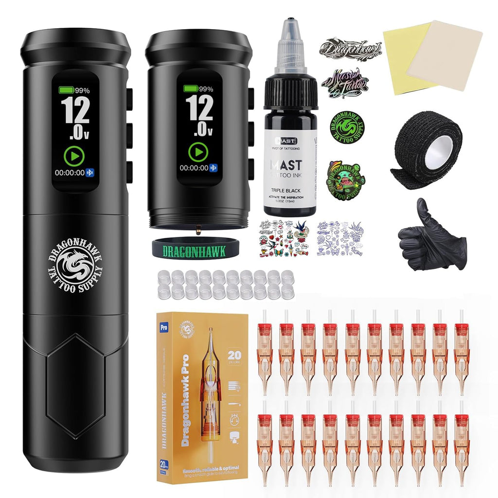 Dragonhawk A1 Pro Tattoo Kit Cordless – Complete Pro Set with 2 Batteries for Beginners